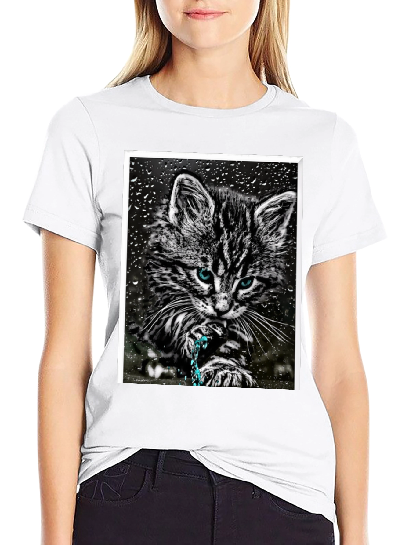 Cat on Rainy Window Graphic T-Shirt