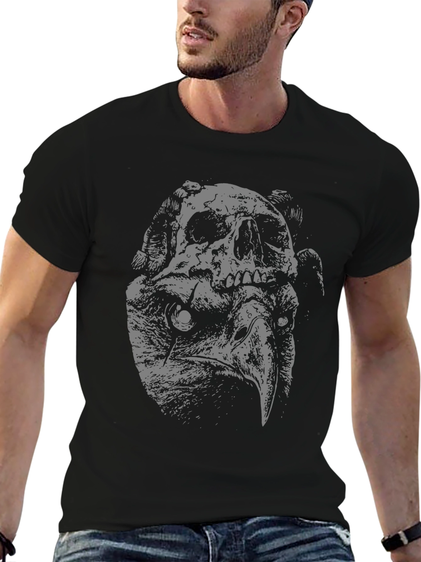 Skull Vulture Graphic Print Black T-Shirt