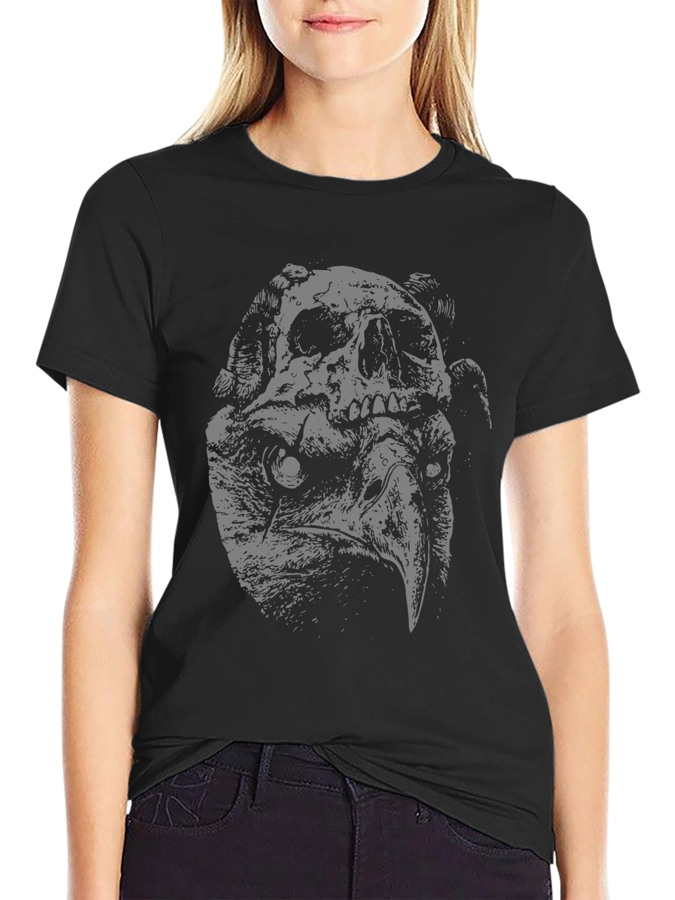 Skull Vulture Graphic Print Black T-Shirt