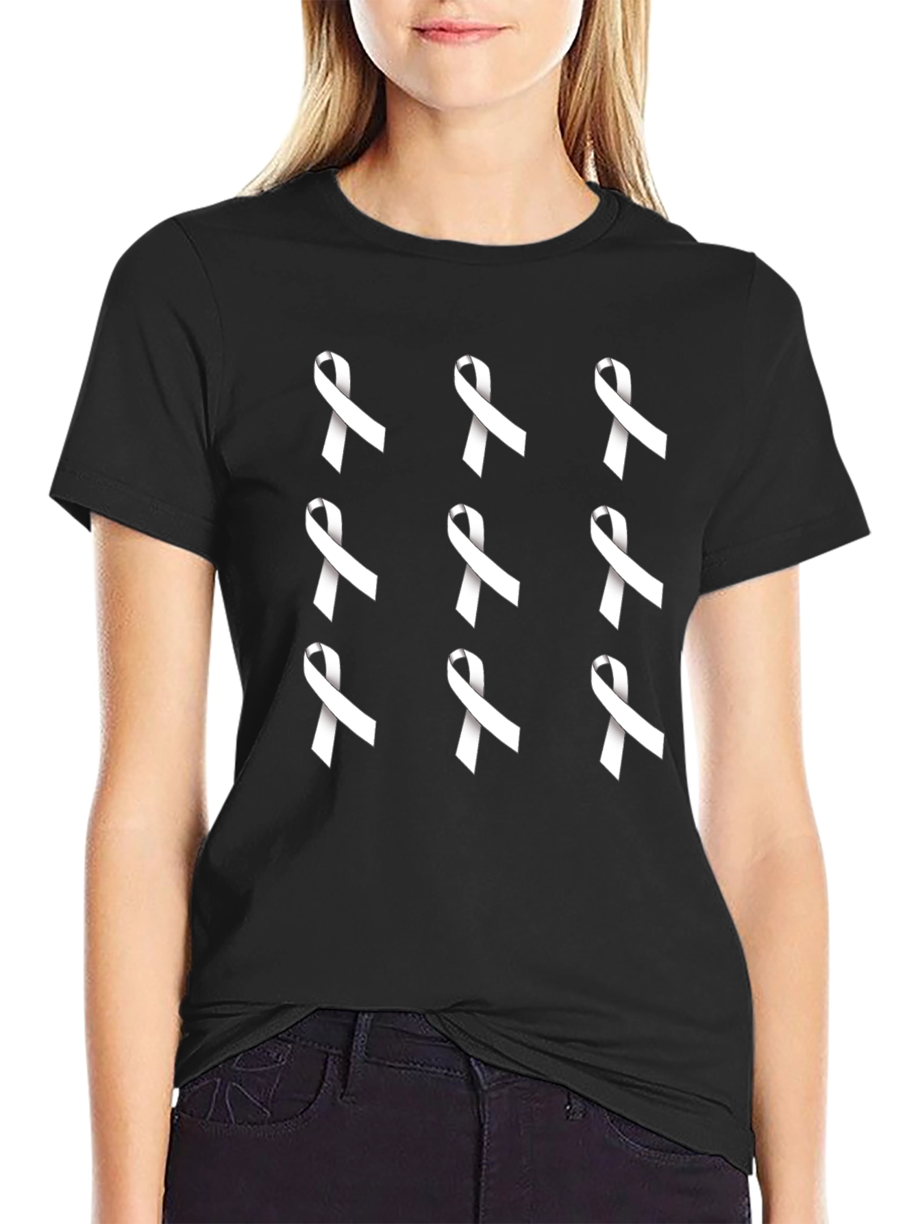 Ribbon Pattern Black Tee Shirt