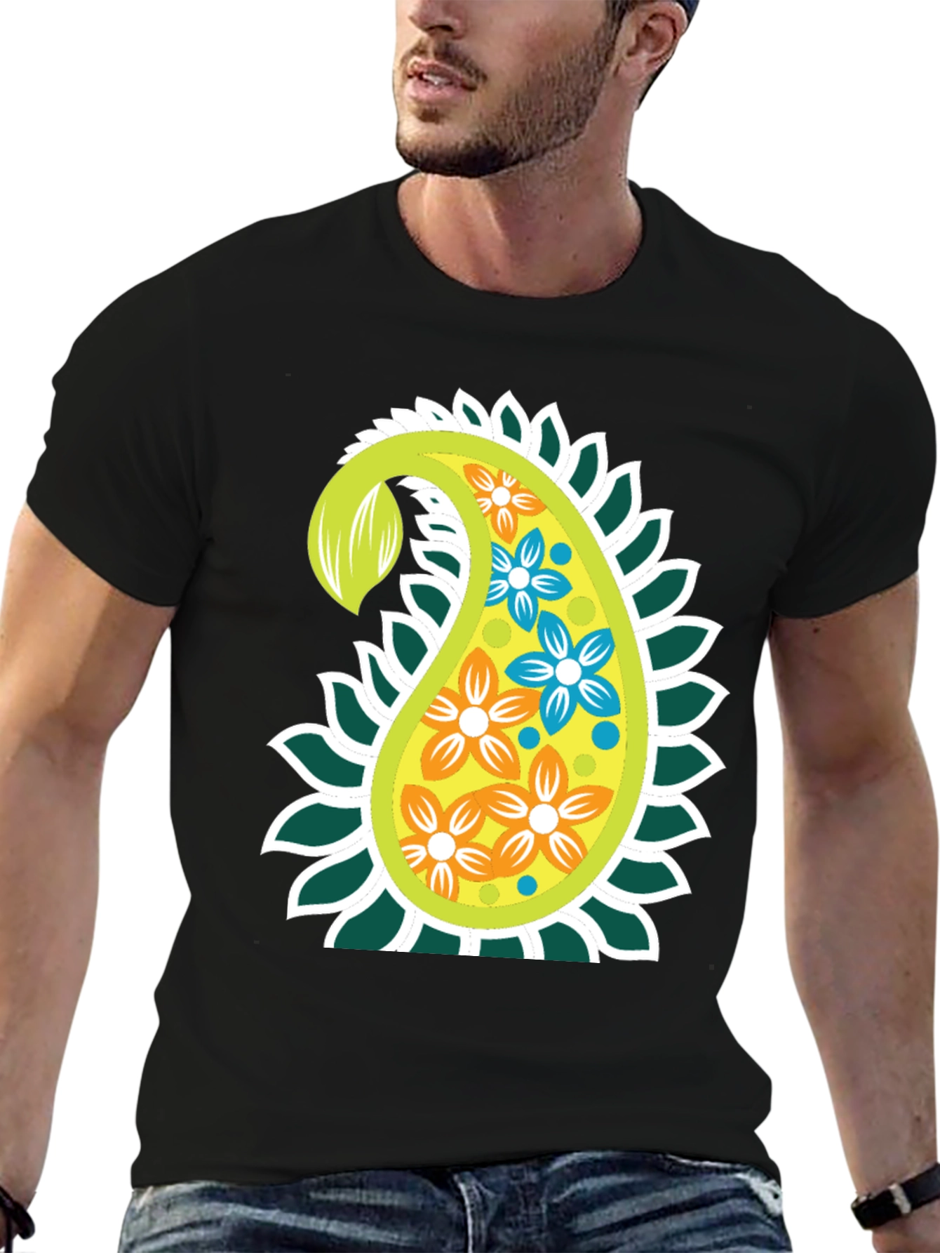 Paisley Flower Graphic Print Black T-Shirt