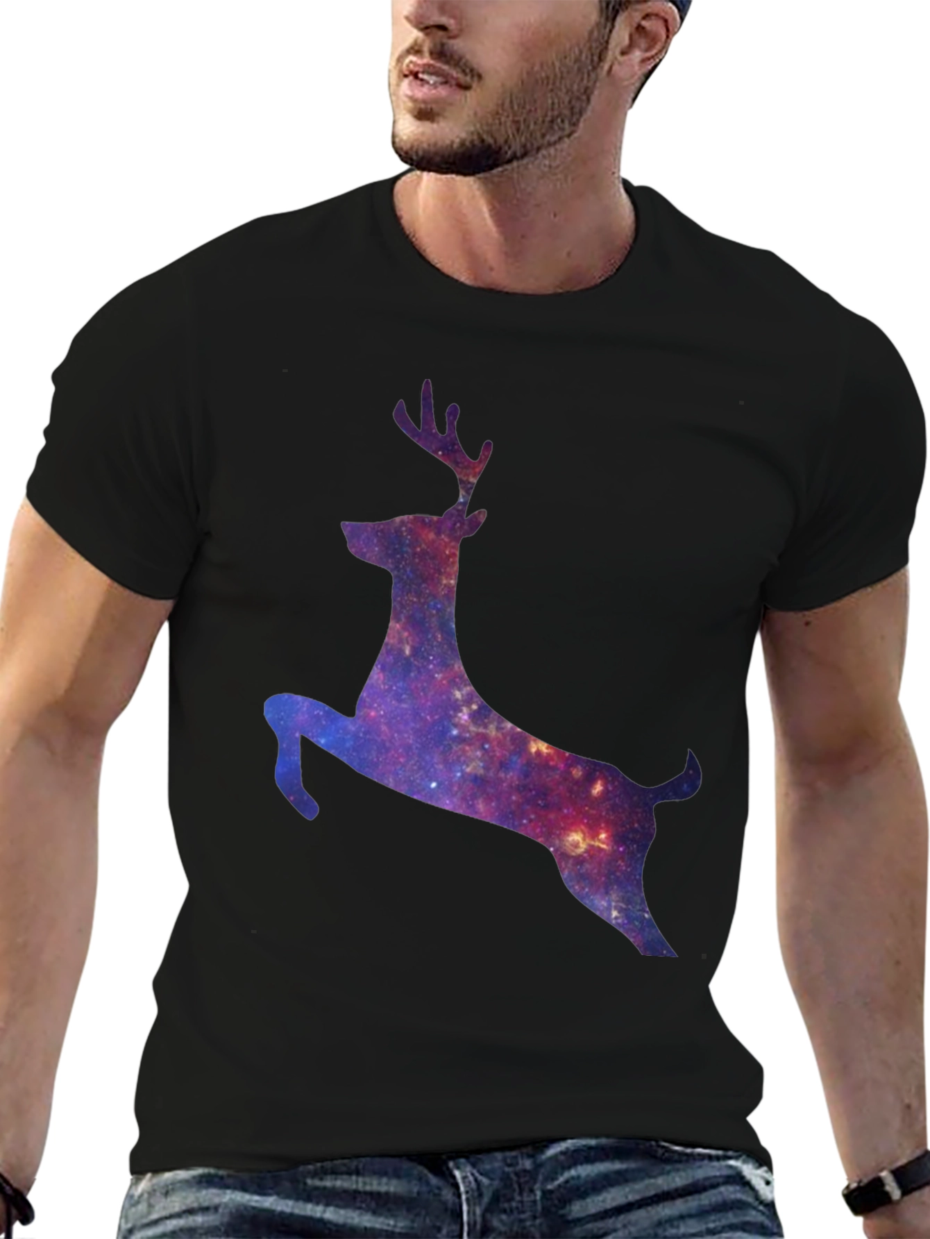Galaxy Deer Graphic Tee - Black Cotton T-Shirt