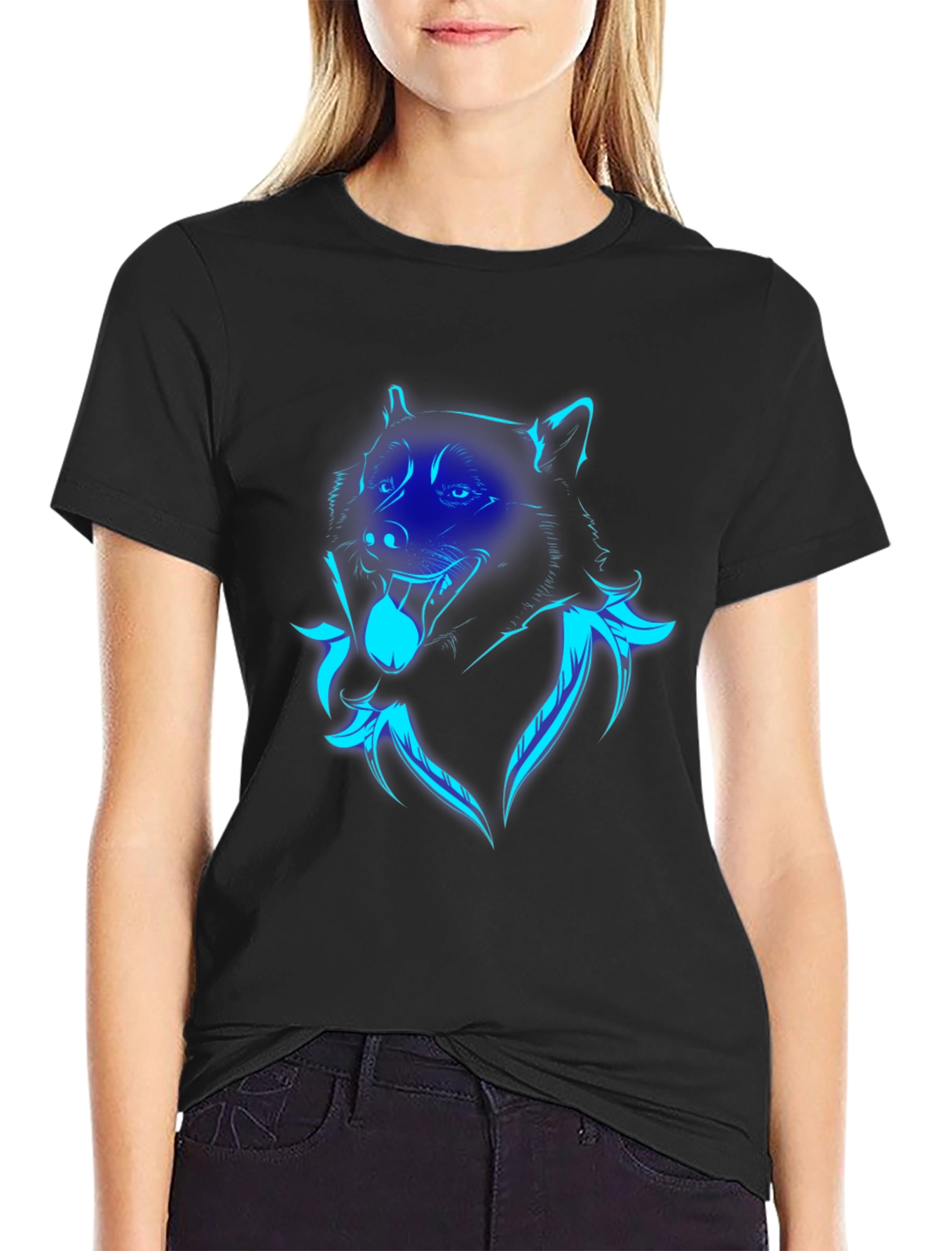 Neon Wolf Graphic Print Black T-Shirt