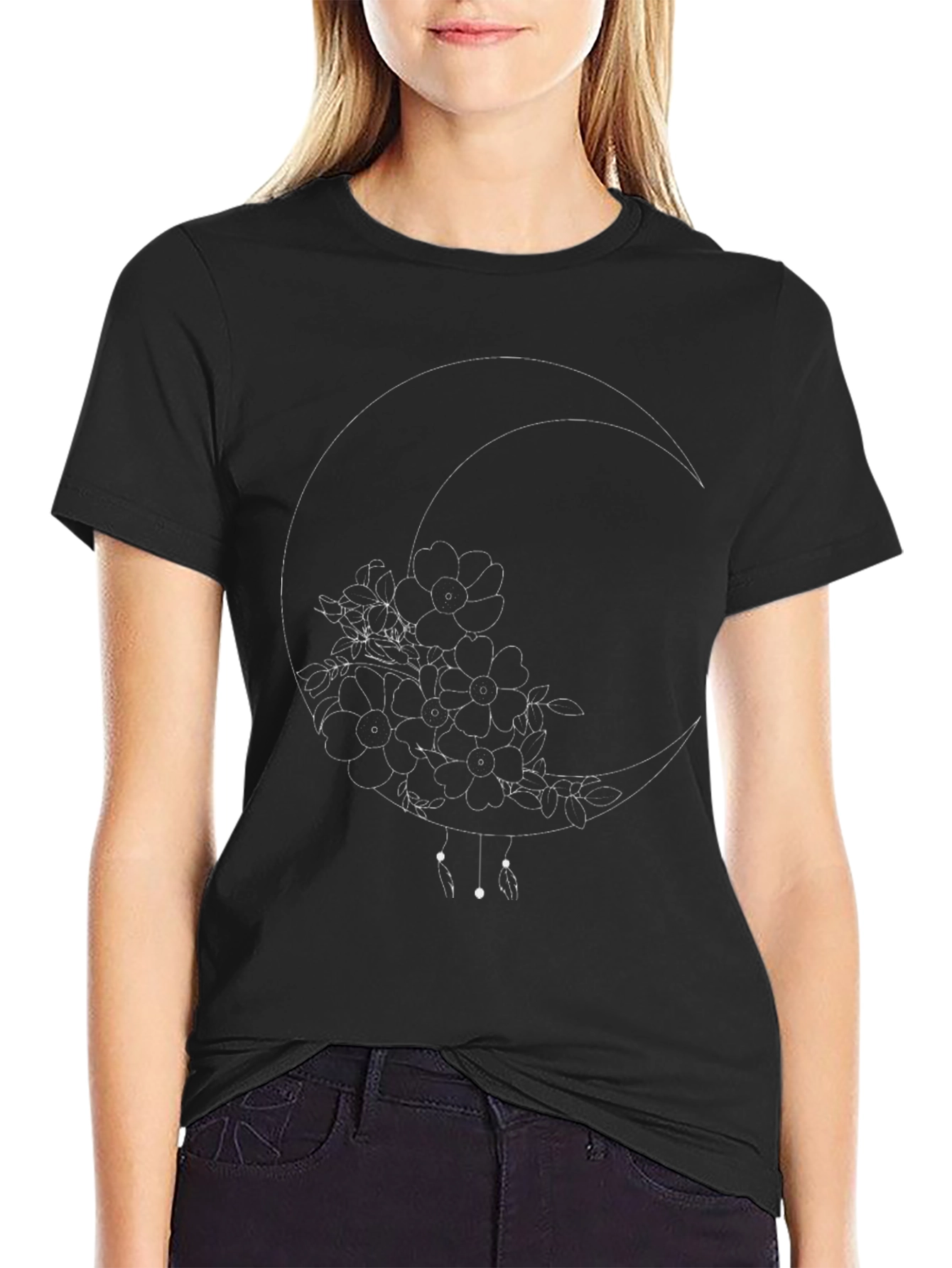 Floral Crescent Moon Black T-Shirt