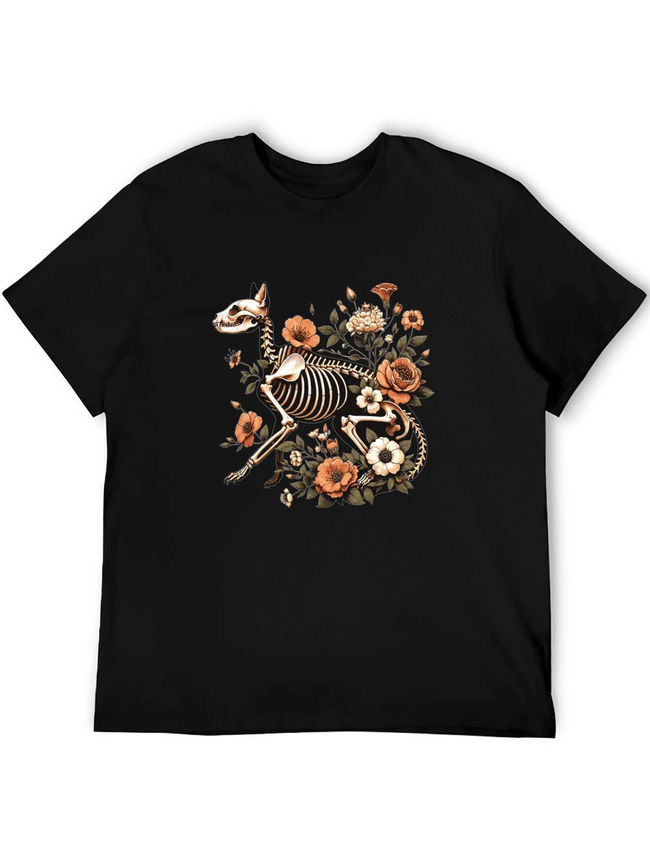 Floral Dog Skeleton Graphic Black T-Shirt