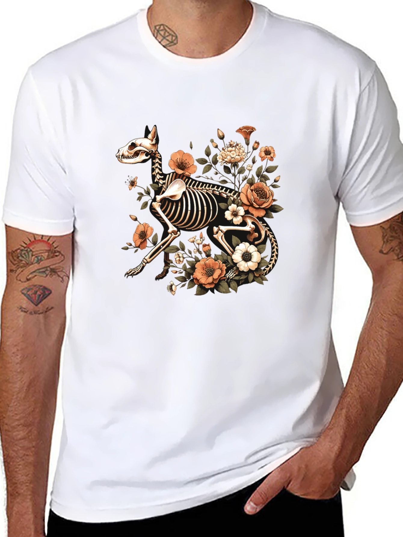 Floral Dog Skeleton Graphic Black T-Shirt