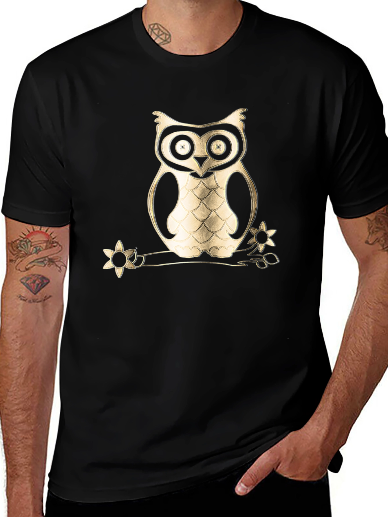 Owl on Branch Graphic Tee - Black Cotton Blend