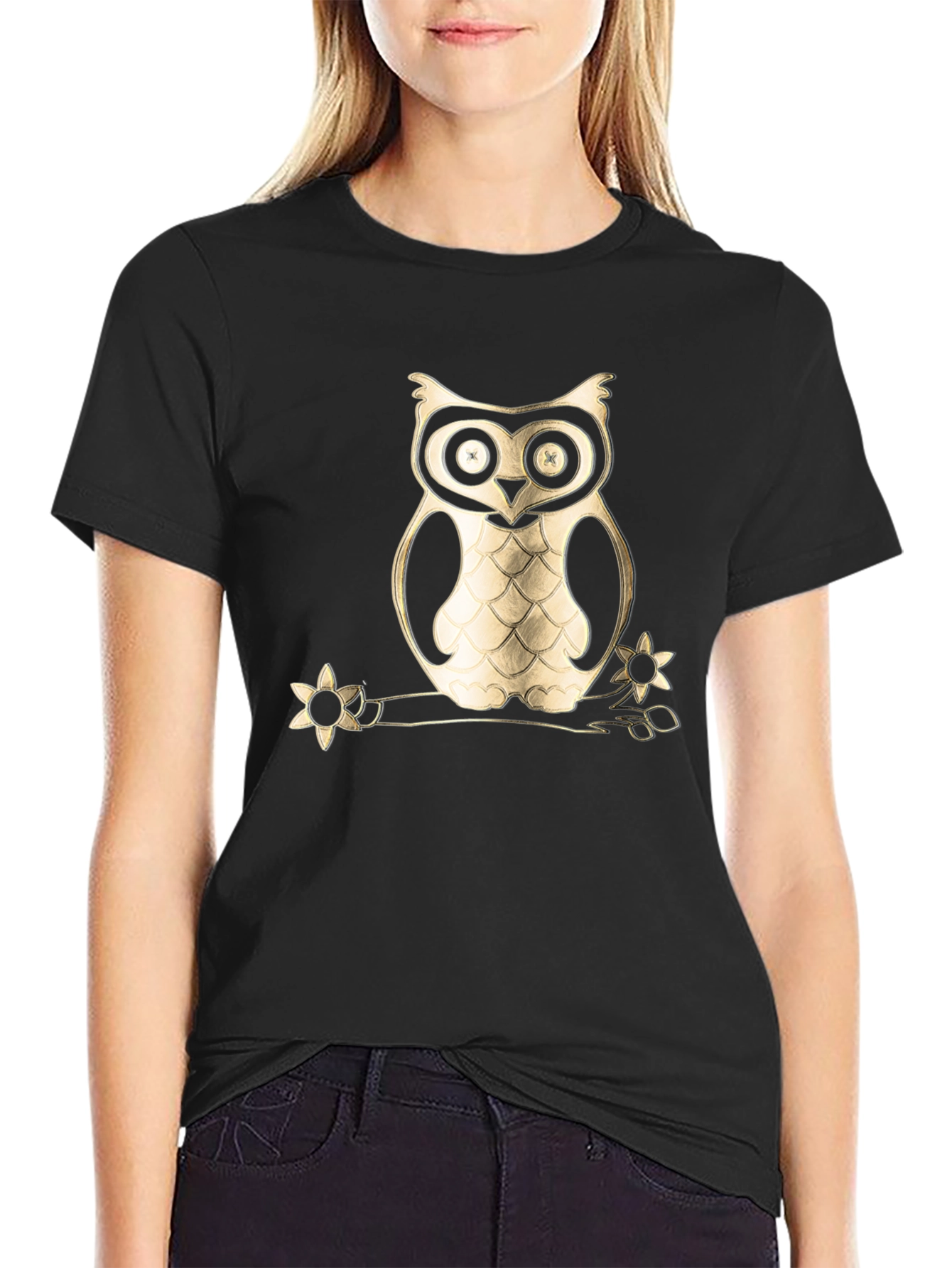 Owl on Branch Graphic Tee - Black Cotton Blend
