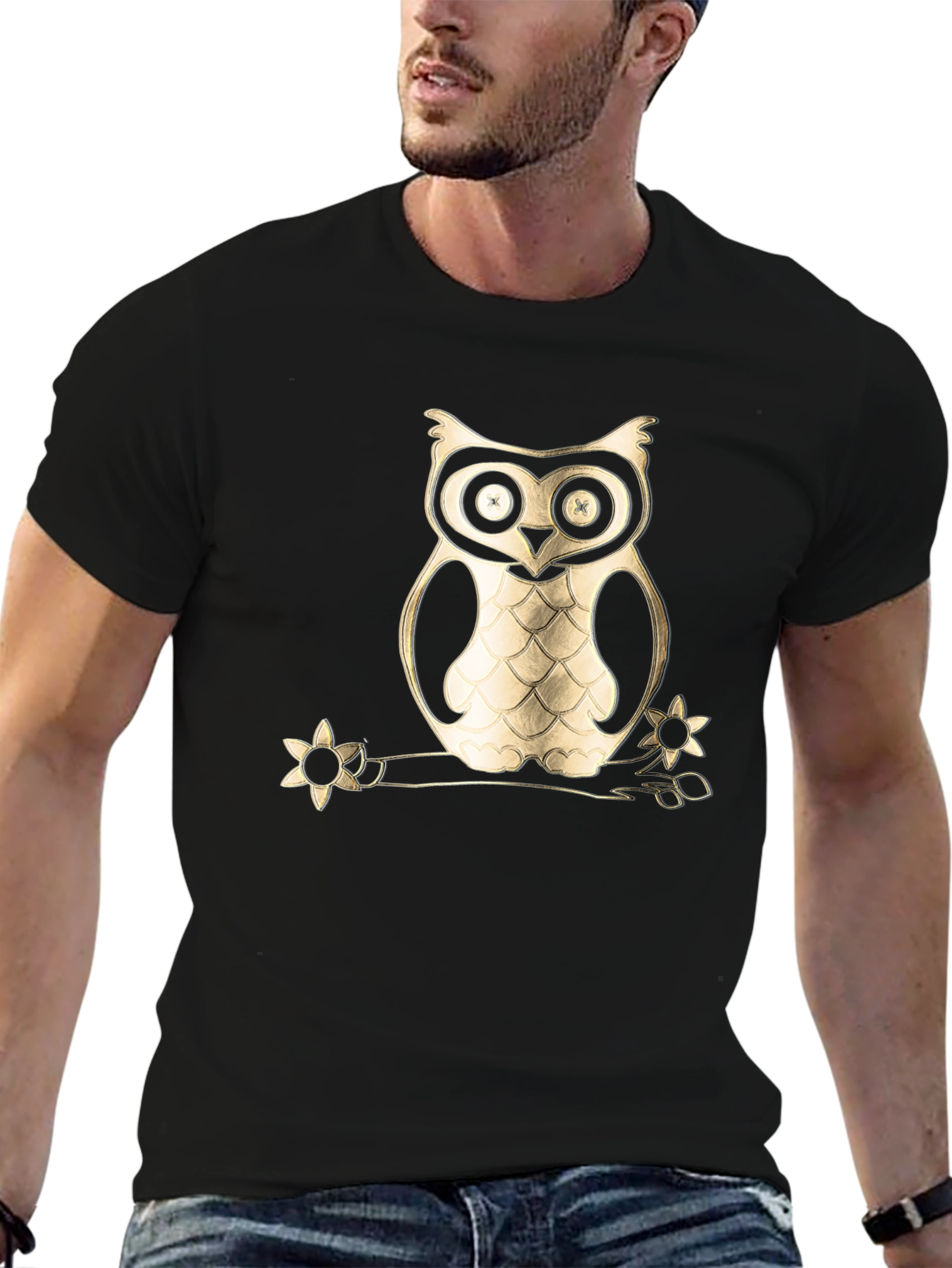 Owl on Branch Graphic Tee - Black Cotton Blend