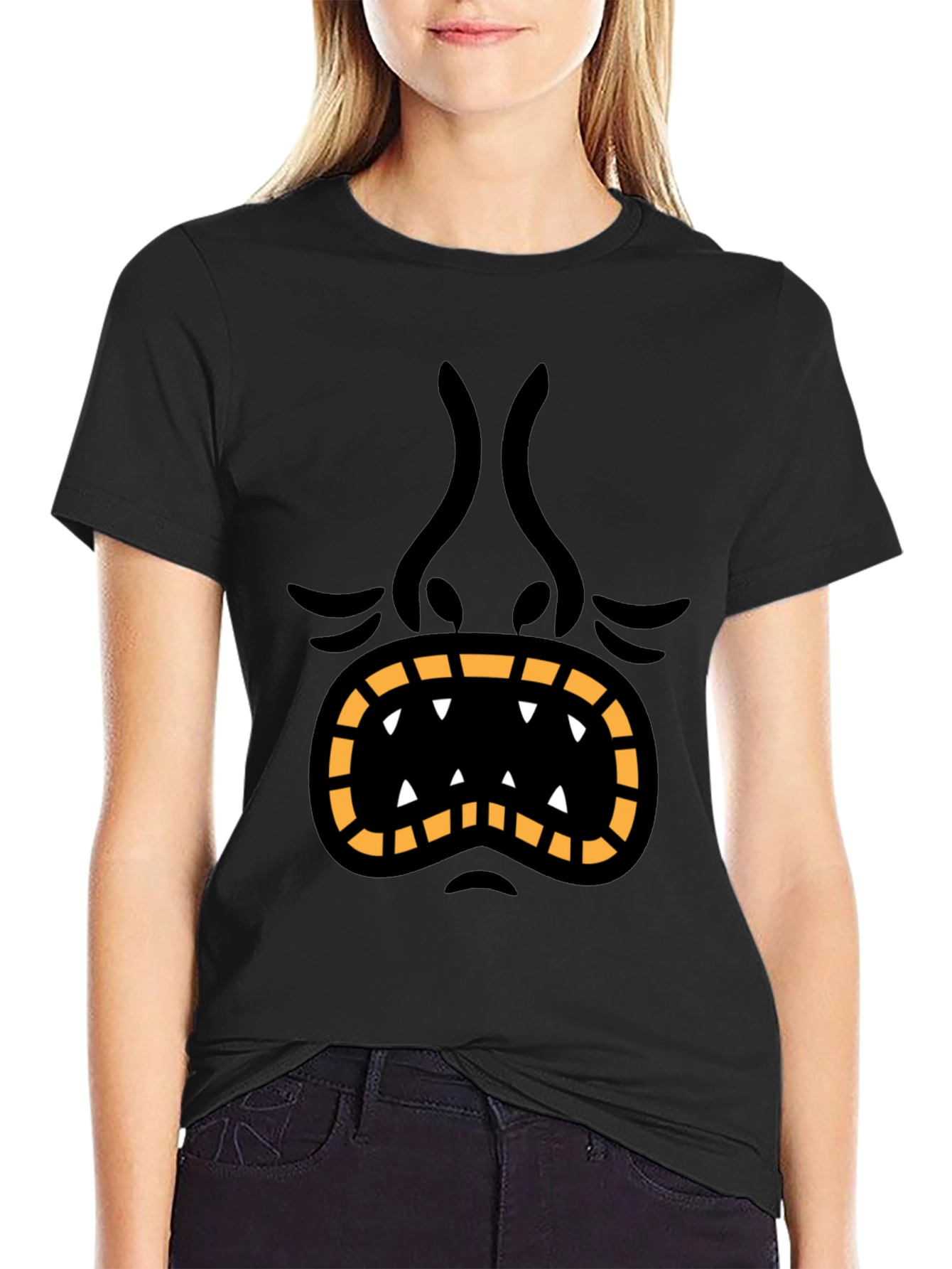 Monster Face Graphic Tee - Black Cotton T-Shirt