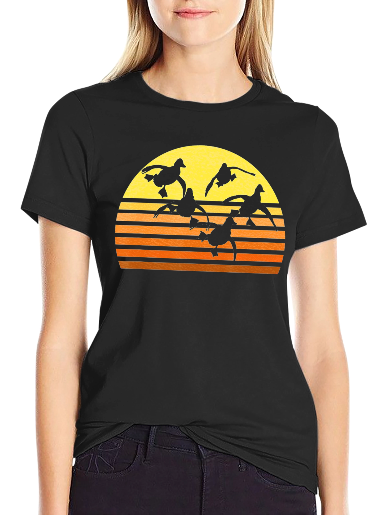 Sunset Ducks Graphic Tee - Black Cotton T-Shirt