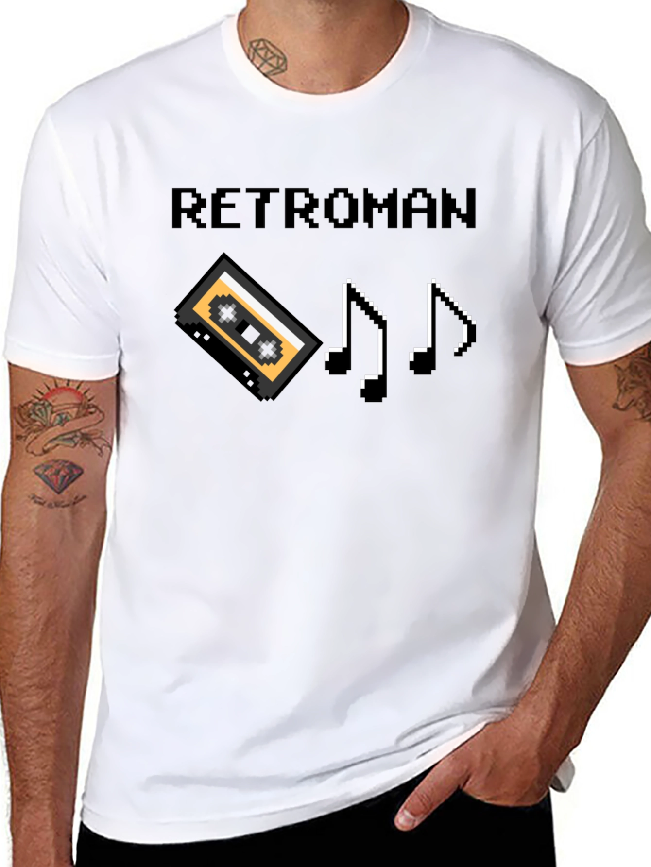 Retroman Retro 8-bit T-Shirt - Cassette & Music Notes