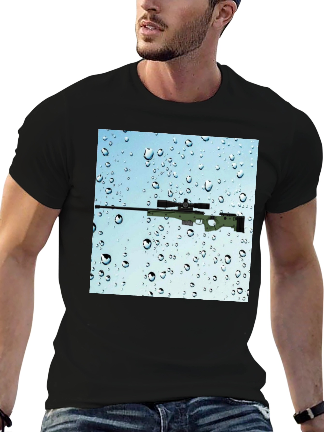Gun on Rainy Window T-Shirt - Cool Graphic Tee