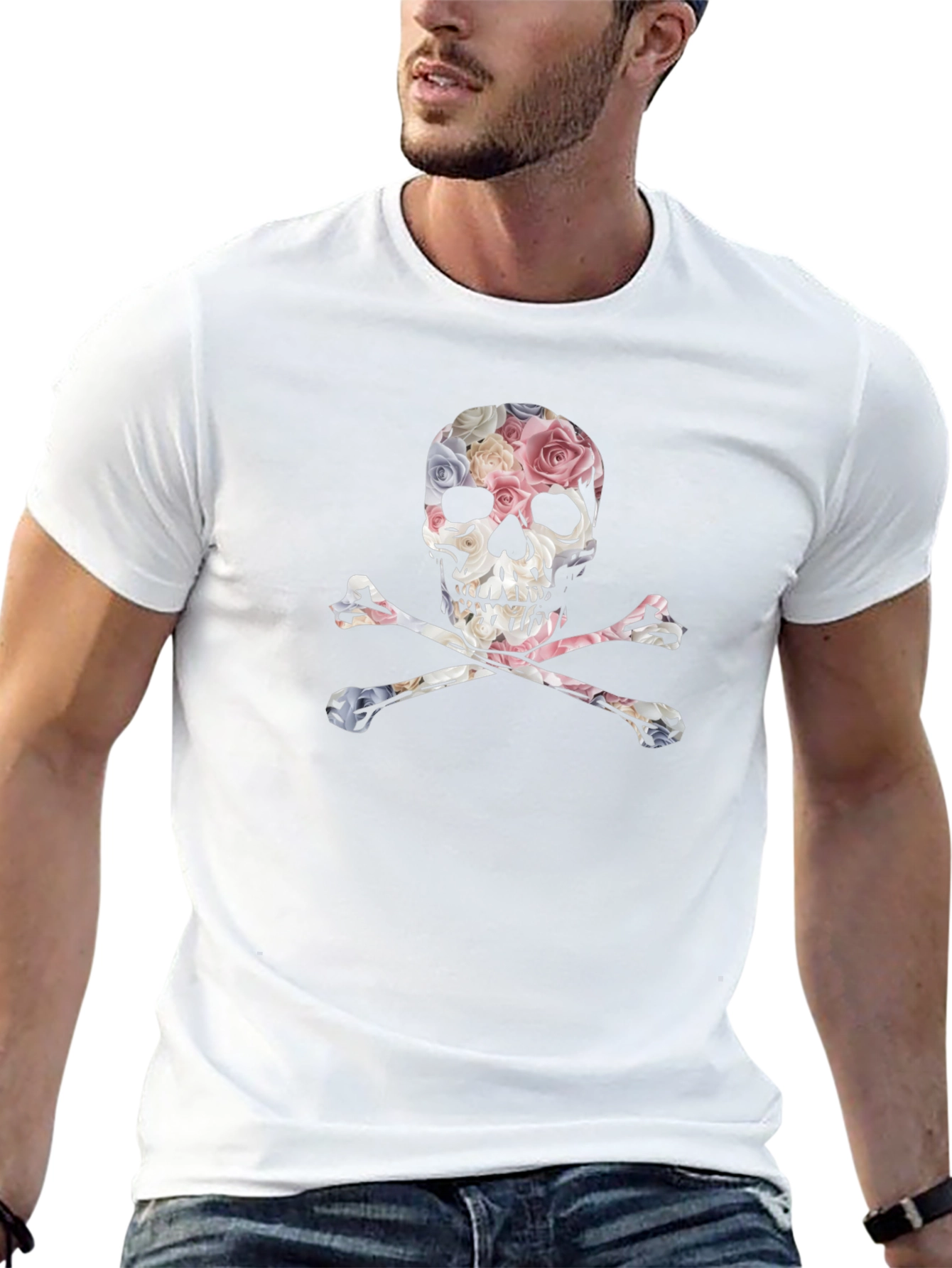 Floral Skull & Crossbones Graphic Tee - Black