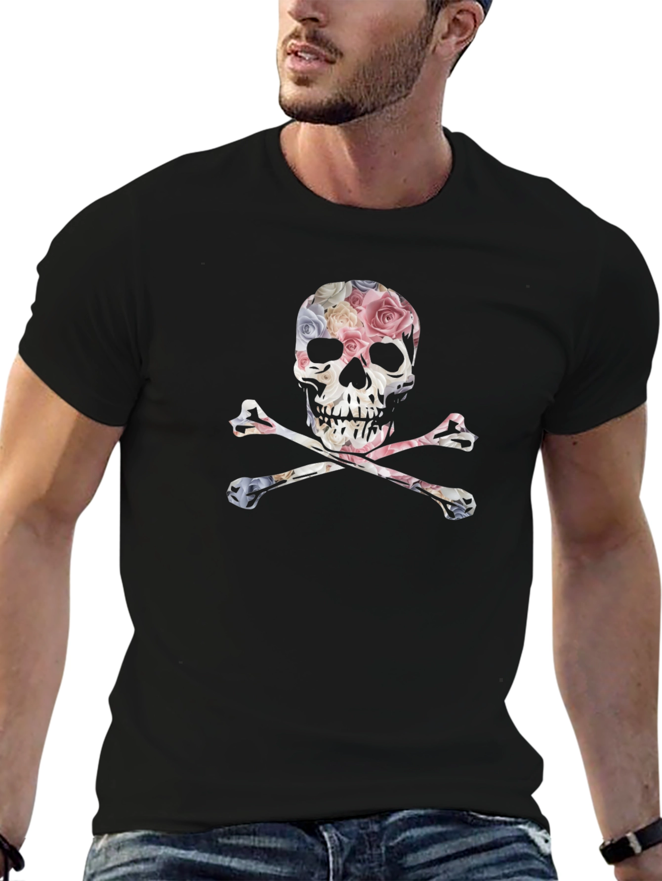 Floral Skull & Crossbones Graphic Tee - Black