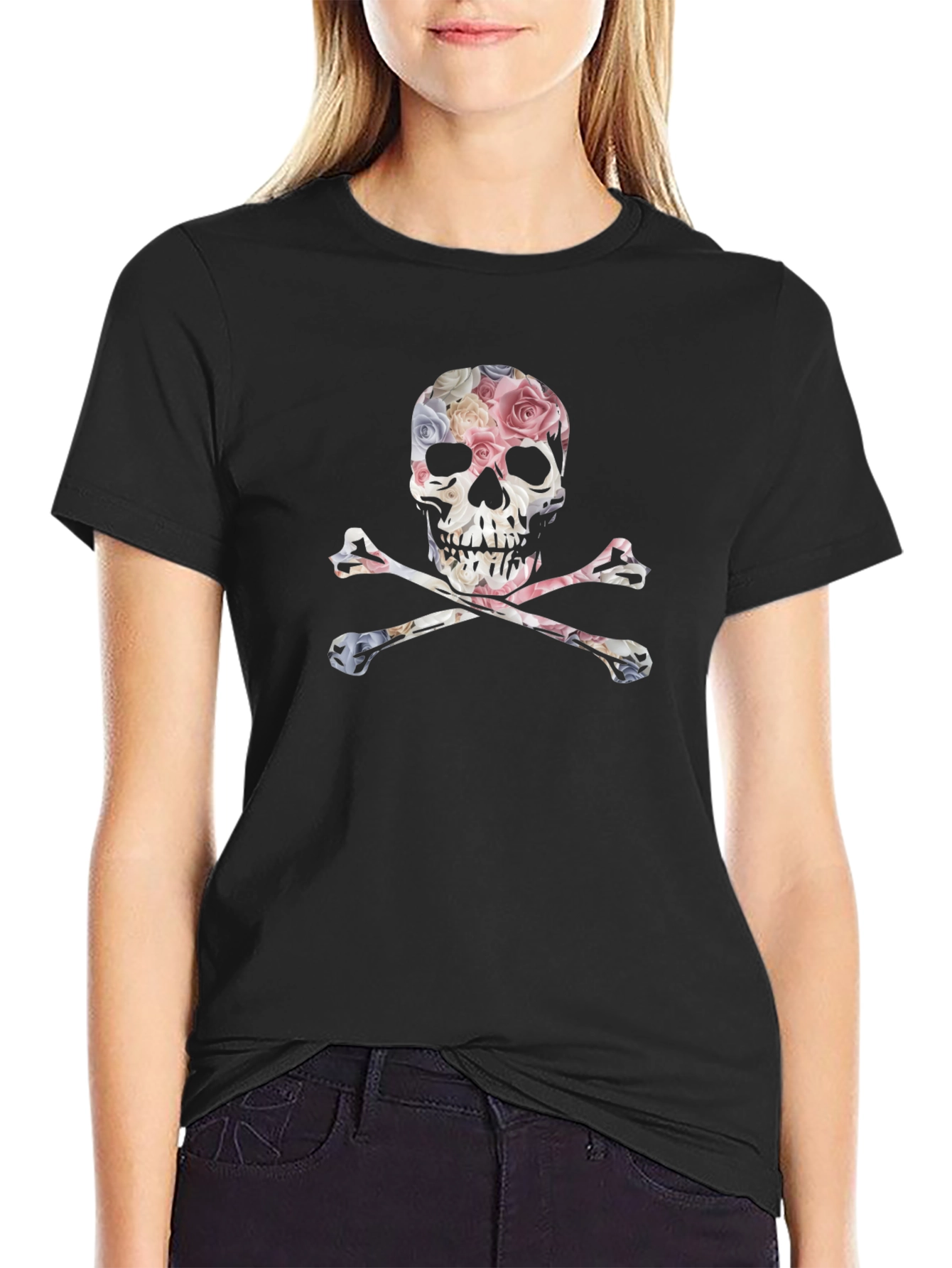 Floral Skull & Crossbones Graphic Tee - Black