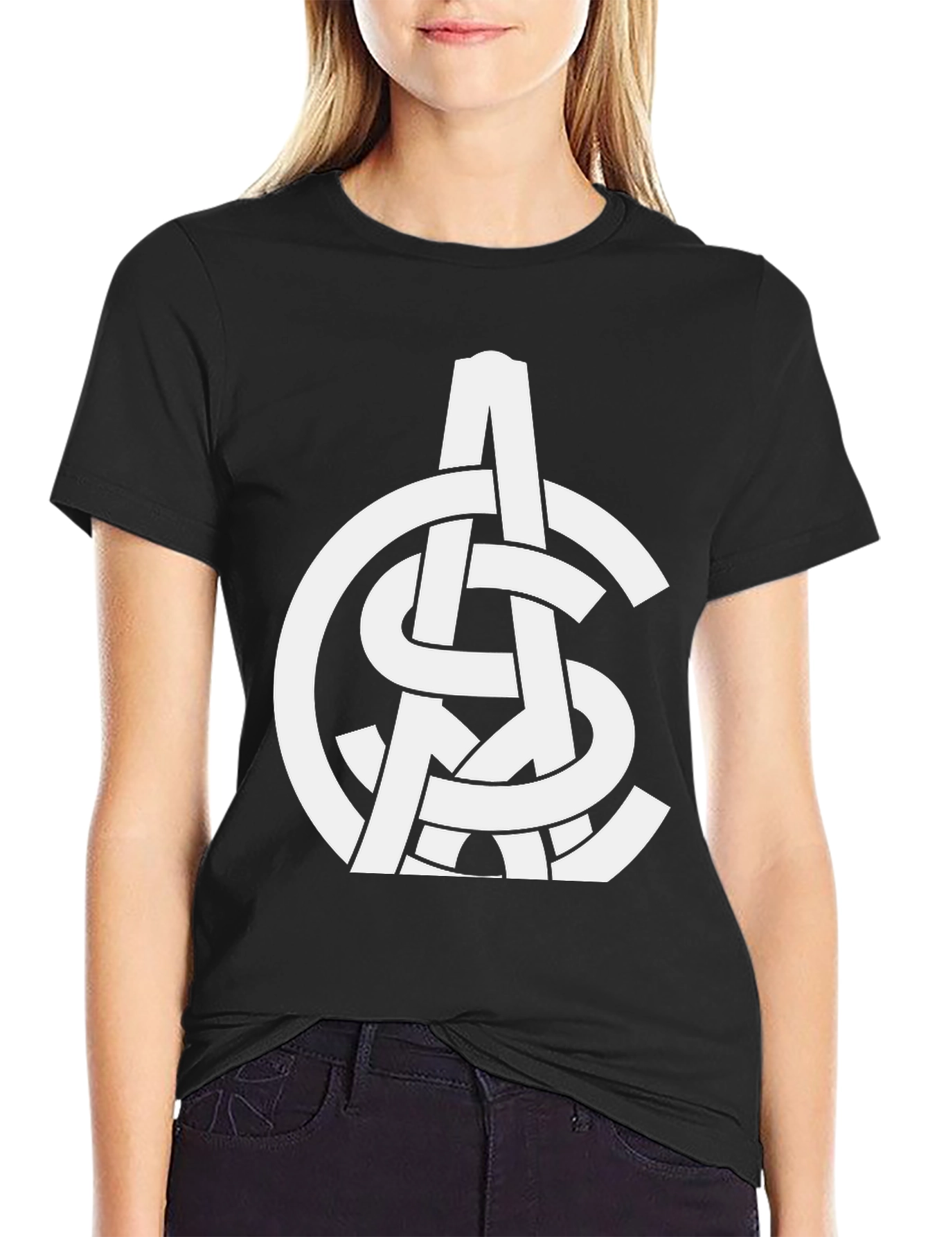 Abstract White Logo Print Black T-Shirt