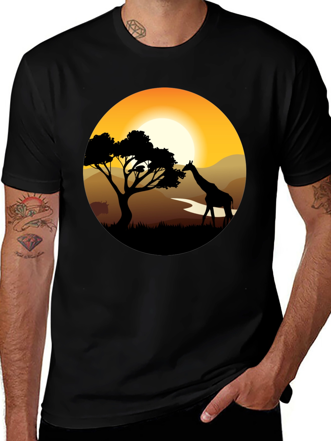 African Sunset Giraffe Black T-Shirt