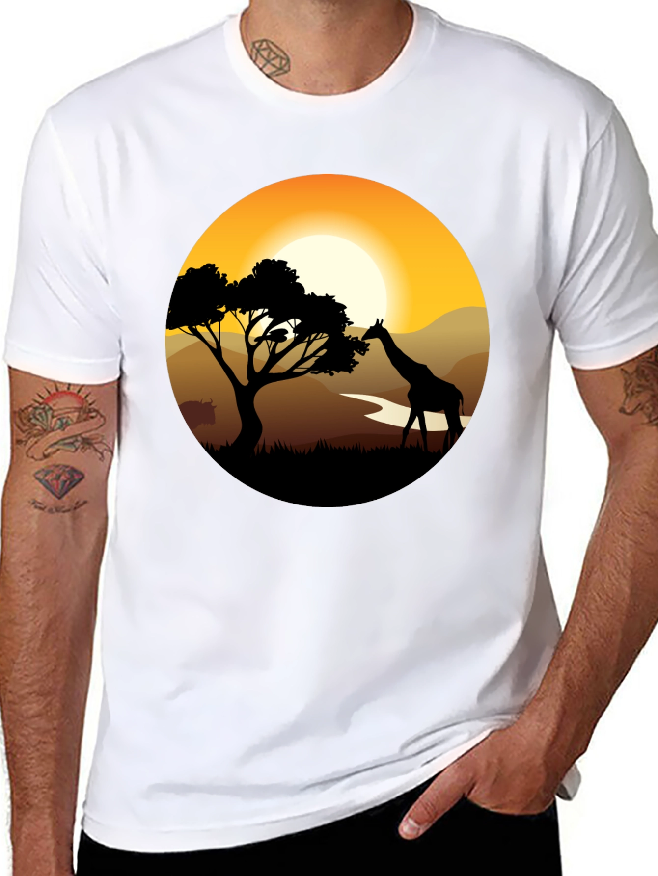 African Sunset Giraffe Black T-Shirt