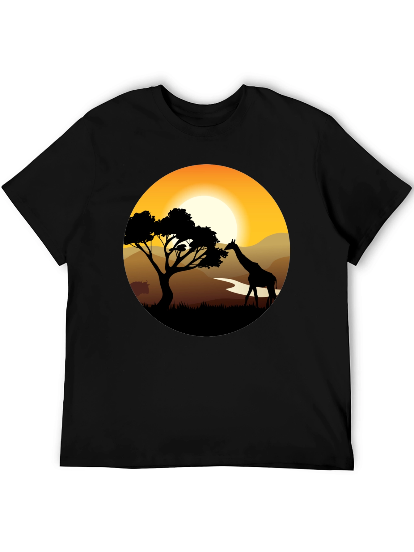African Sunset Giraffe Black T-Shirt