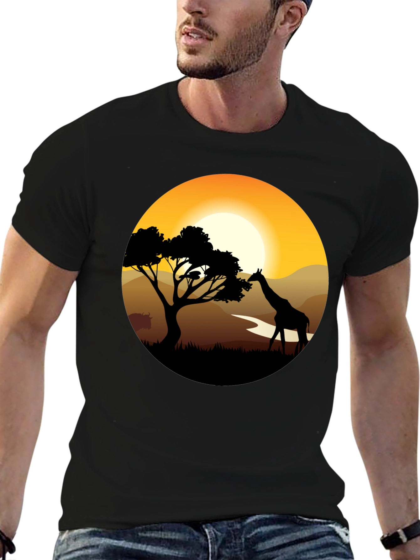 African Sunset Giraffe Black T-Shirt