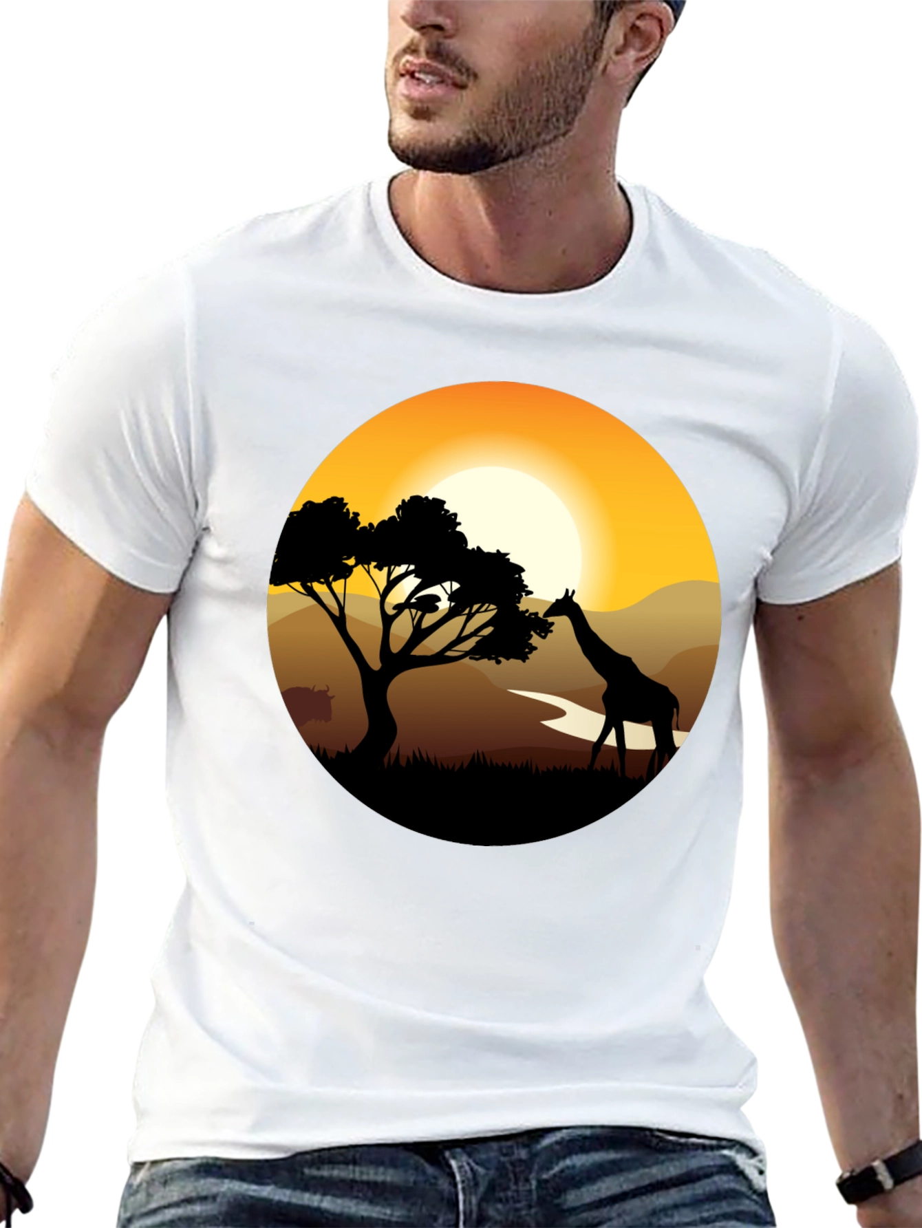 African Sunset Giraffe Black T-Shirt