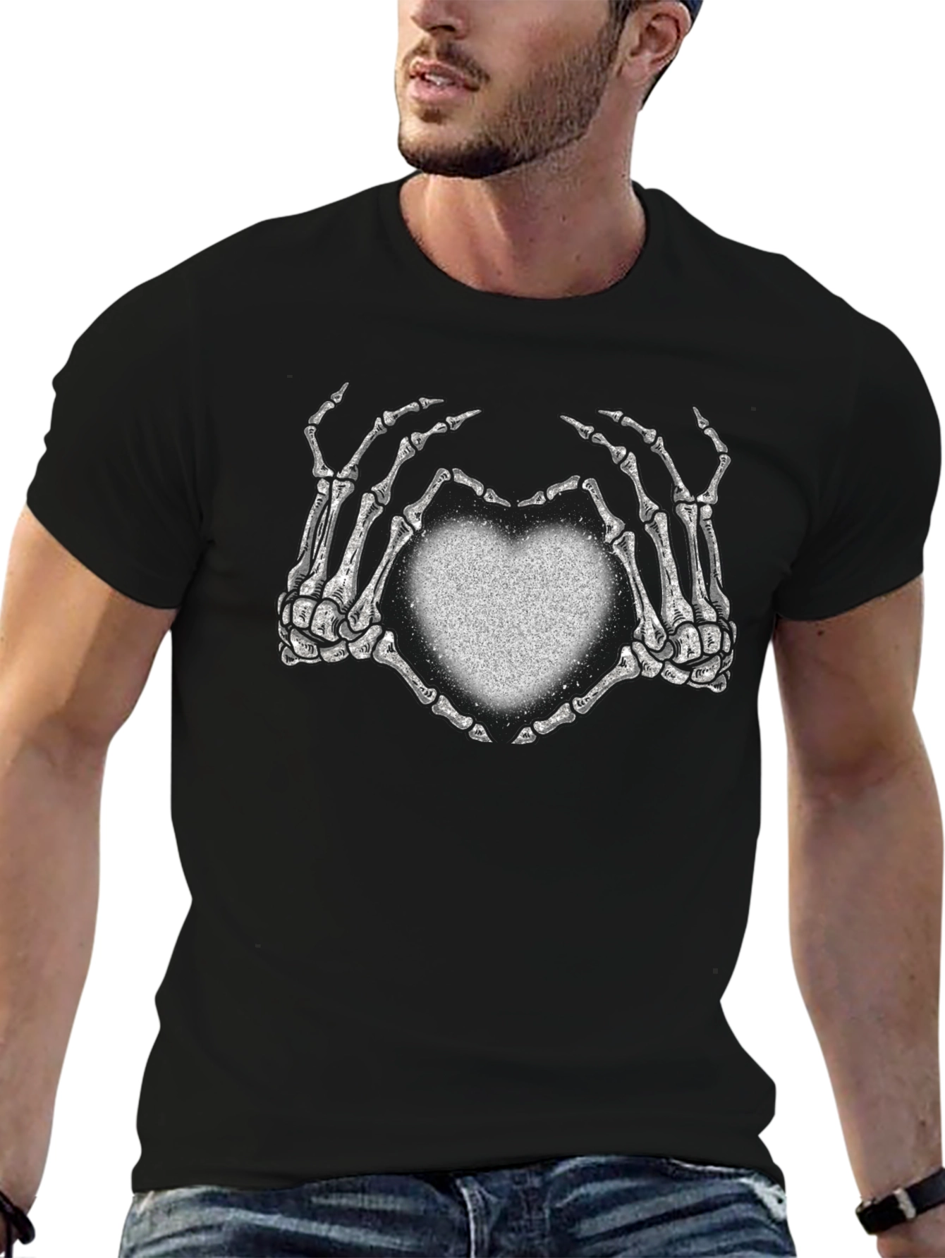 Skeleton Hands Heart Graphic Black Tee