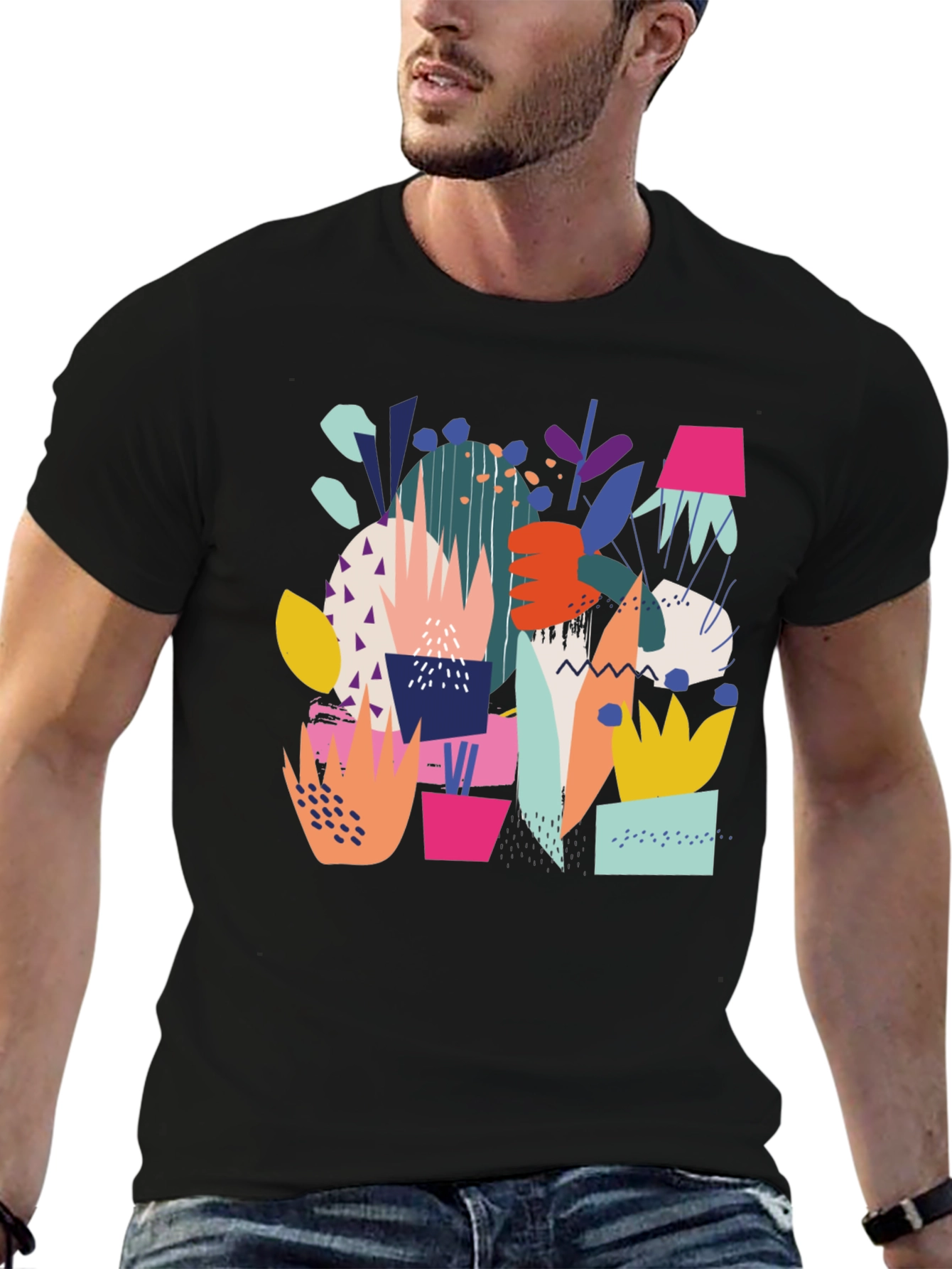 Abstract Plant Print Black T-Shirt