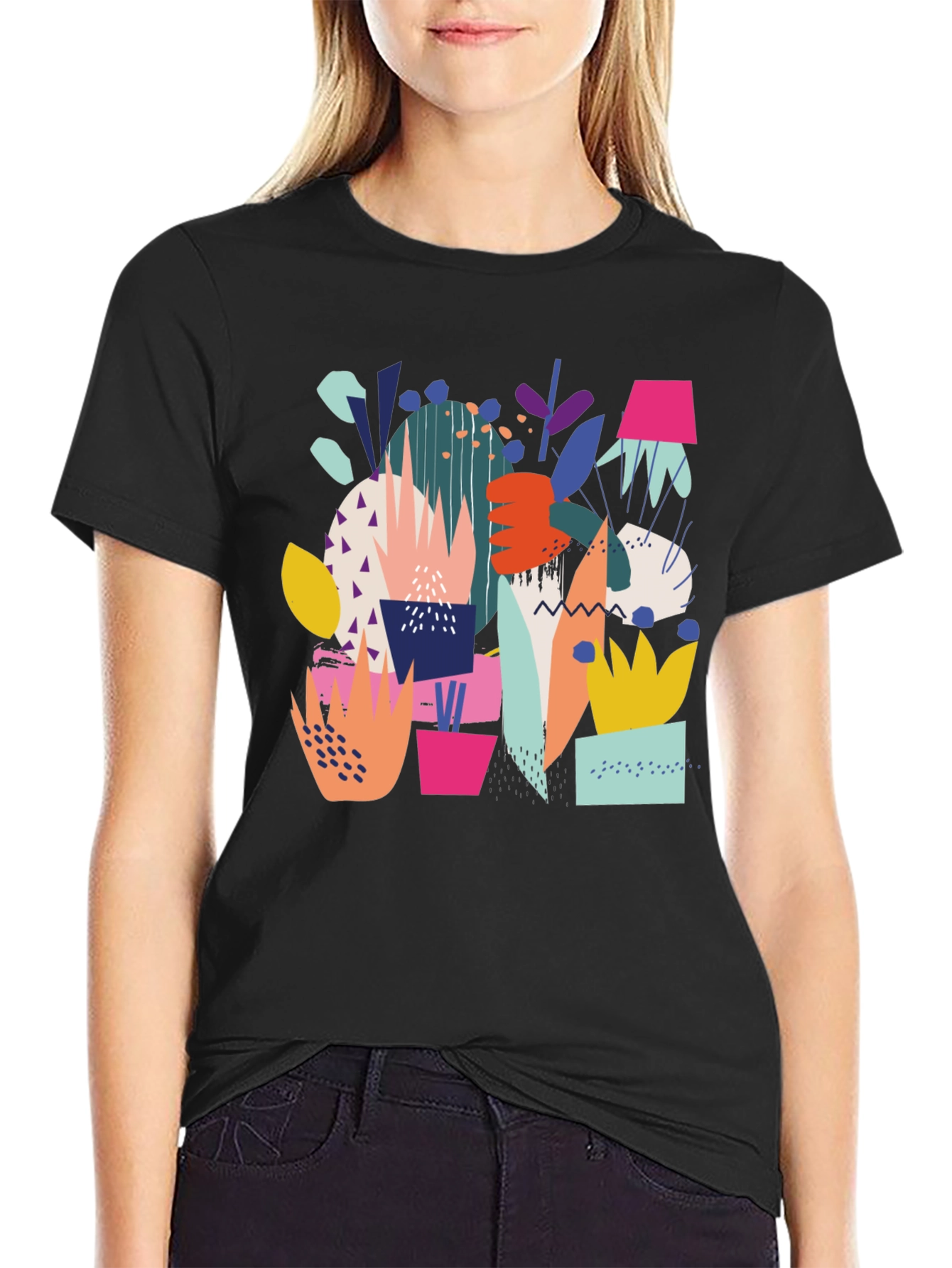 Abstract Plant Print Black T-Shirt