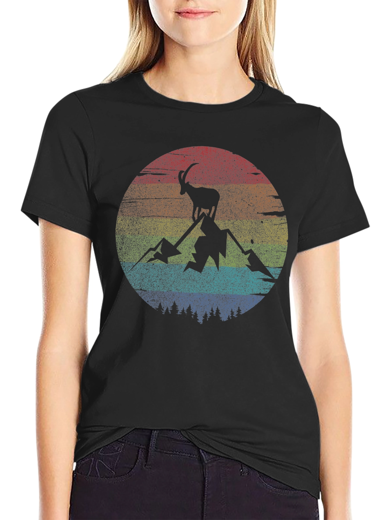 Retro Mountain Goat Graphic Tee - Black
