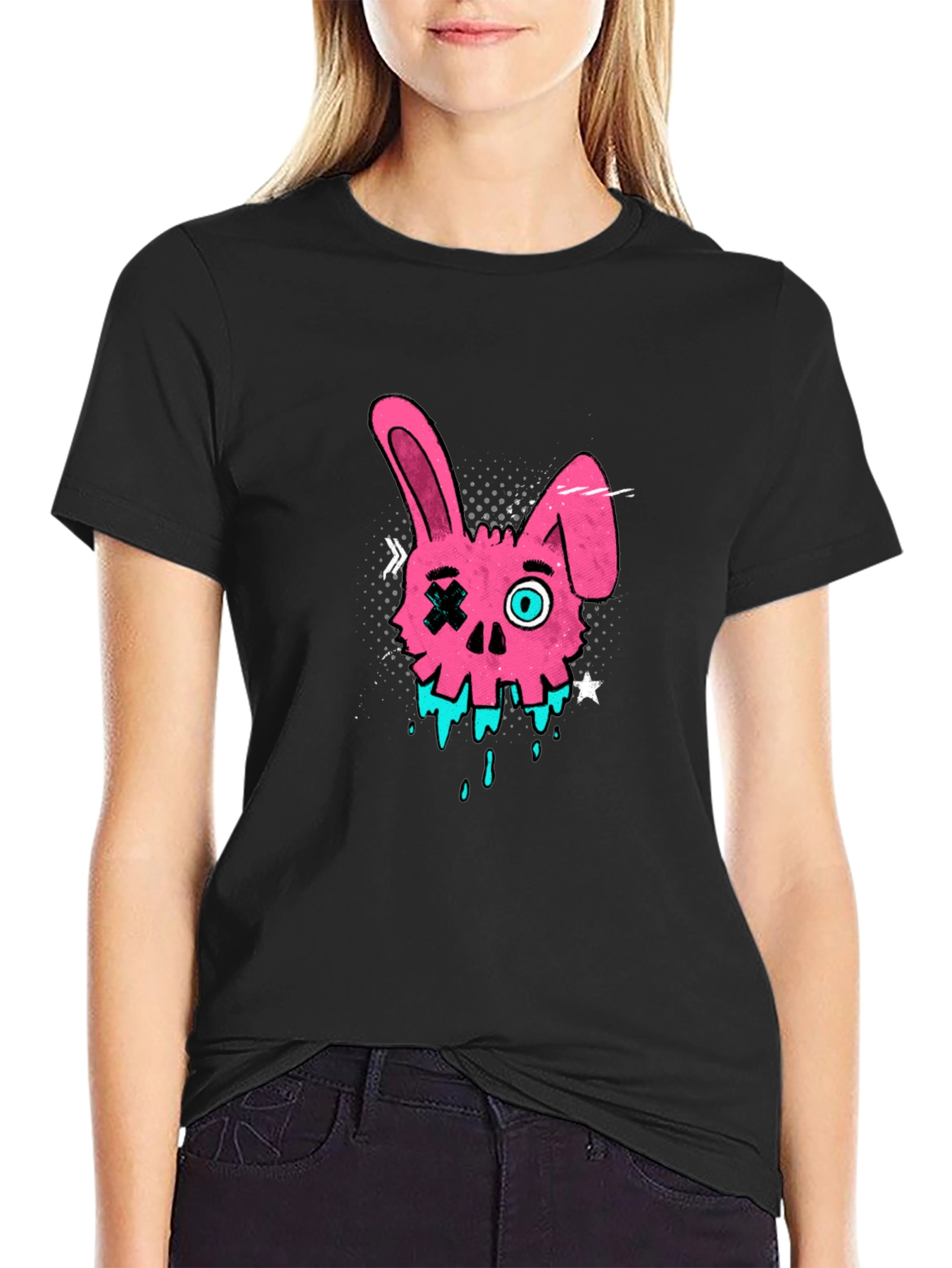 Edgy Pink Bunny Skull Graphic T-Shirt