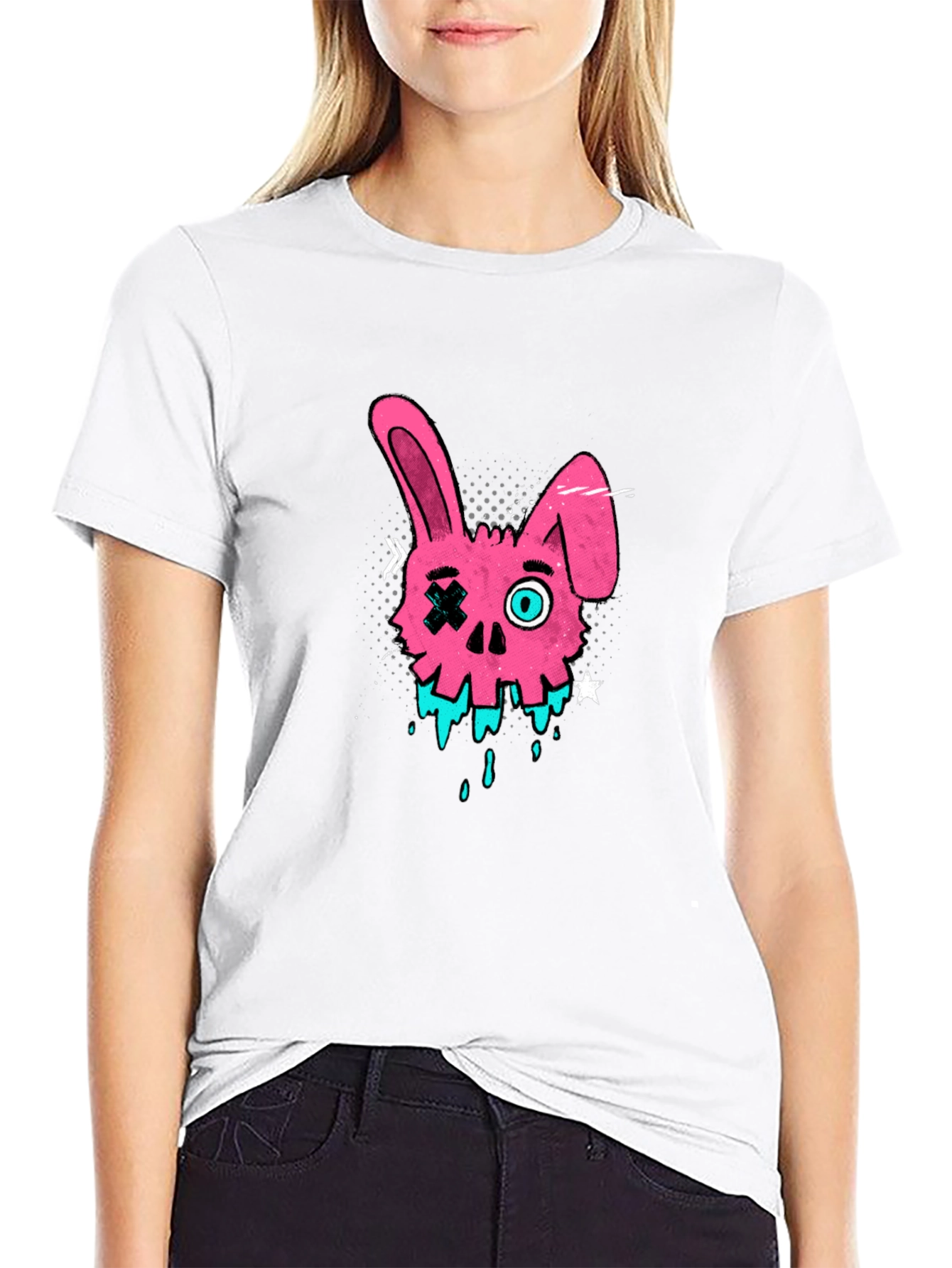Edgy Pink Bunny Skull Graphic T-Shirt