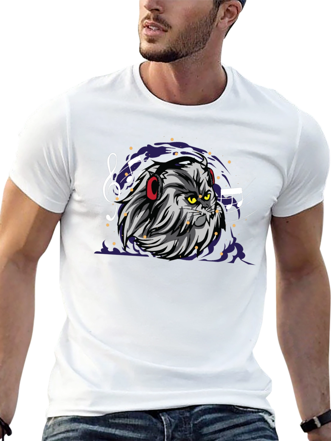 Cat DJ Graphic Tee - Mens Black Cotton T-Shirt