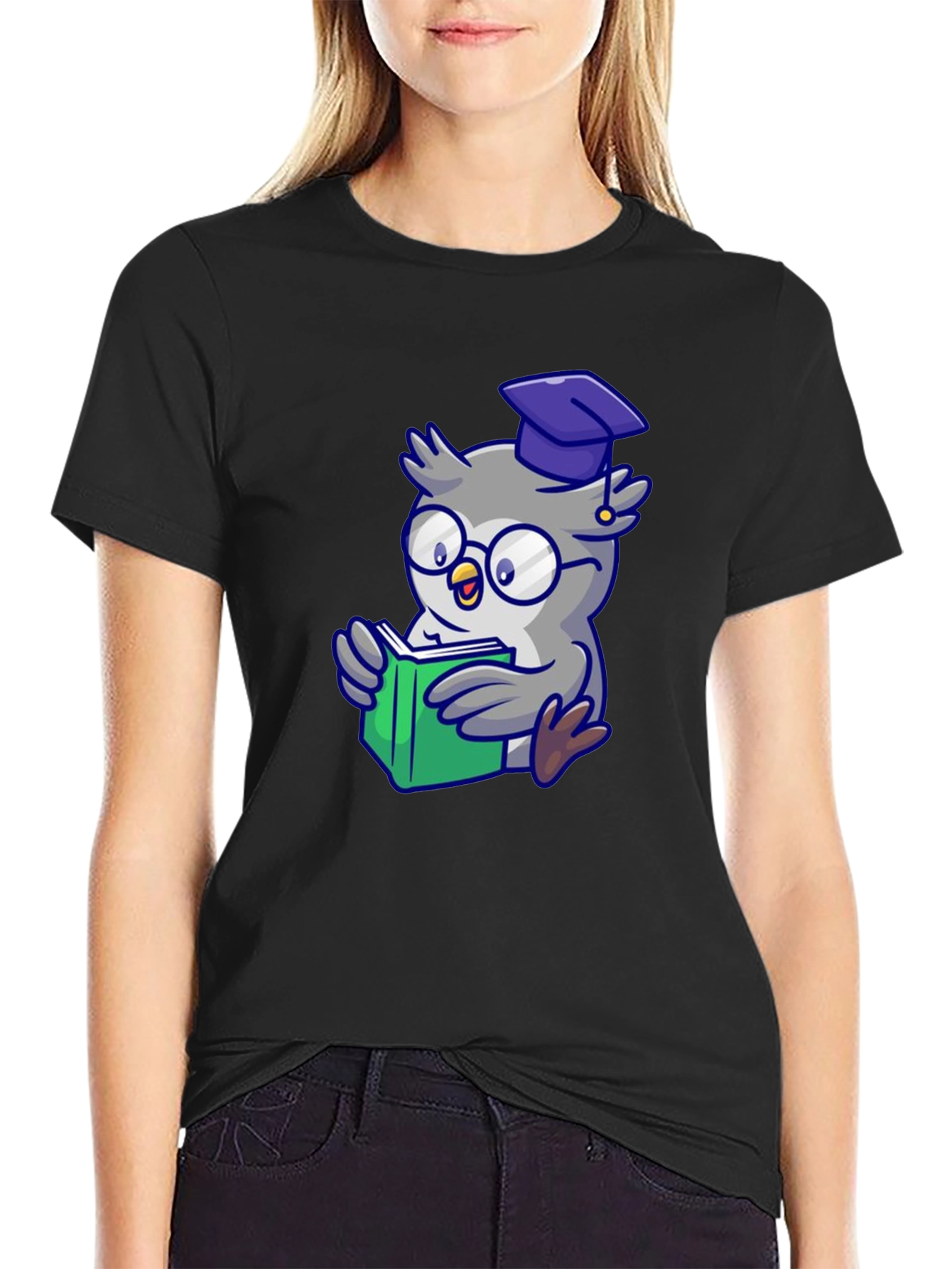 Owl Graduate Reading T-Shirt - Black