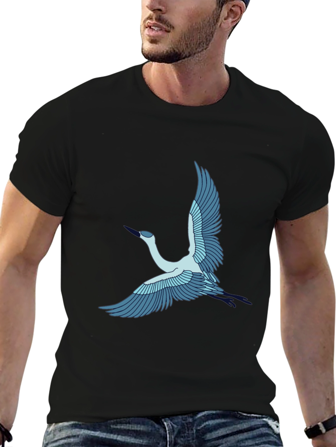 Crane Bird Graphic Tee - Black Cotton T-Shirt