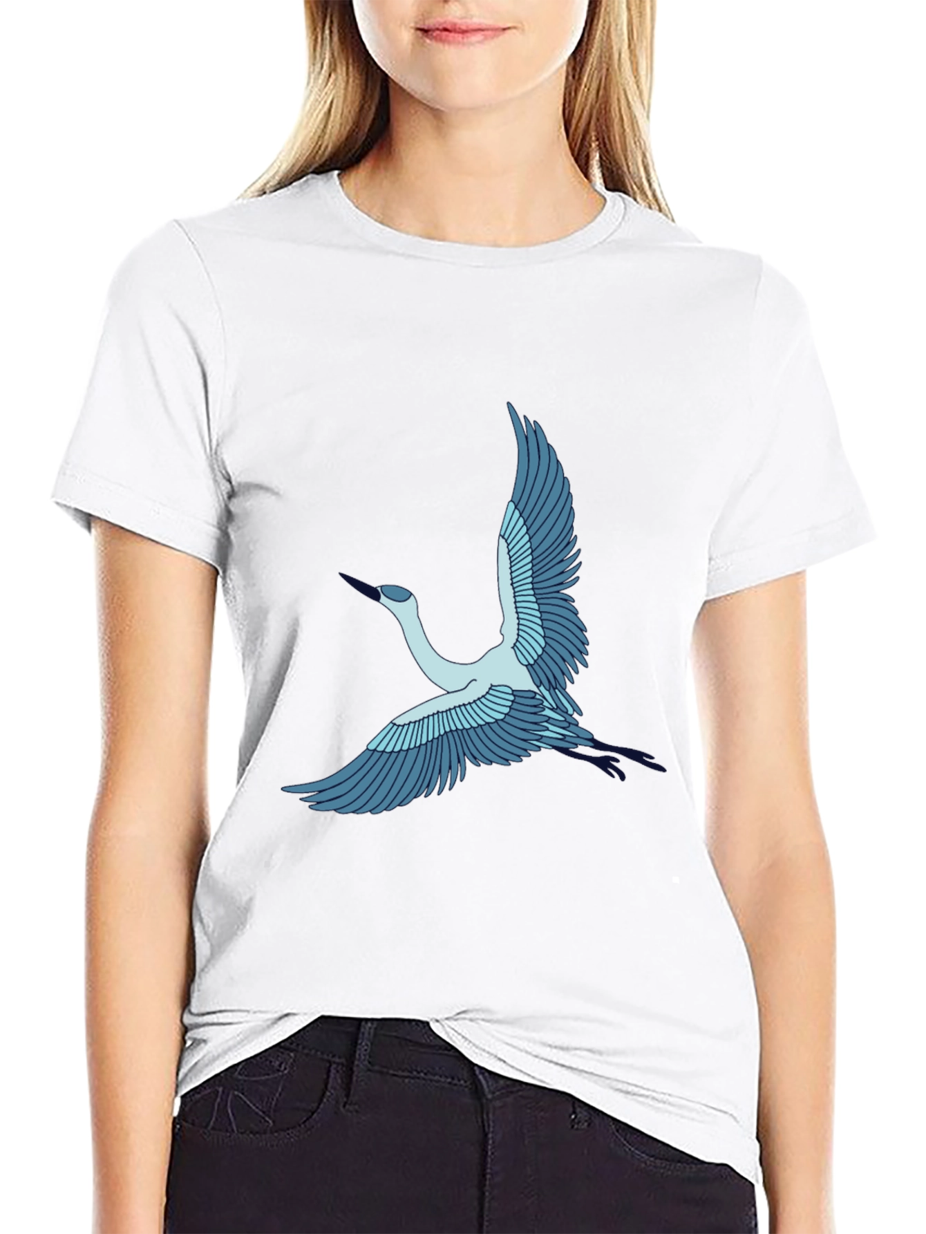 Crane Bird Graphic Tee - Black Cotton T-Shirt