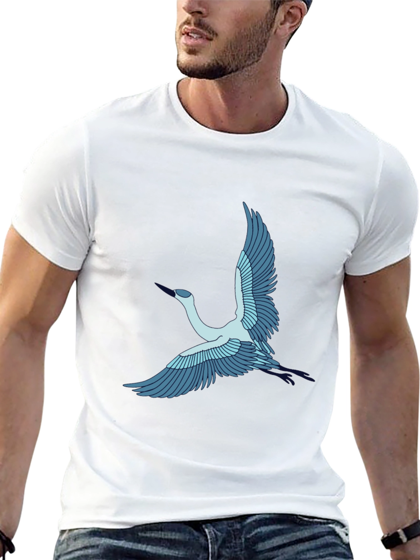 Crane Bird Graphic Tee - Black Cotton T-Shirt