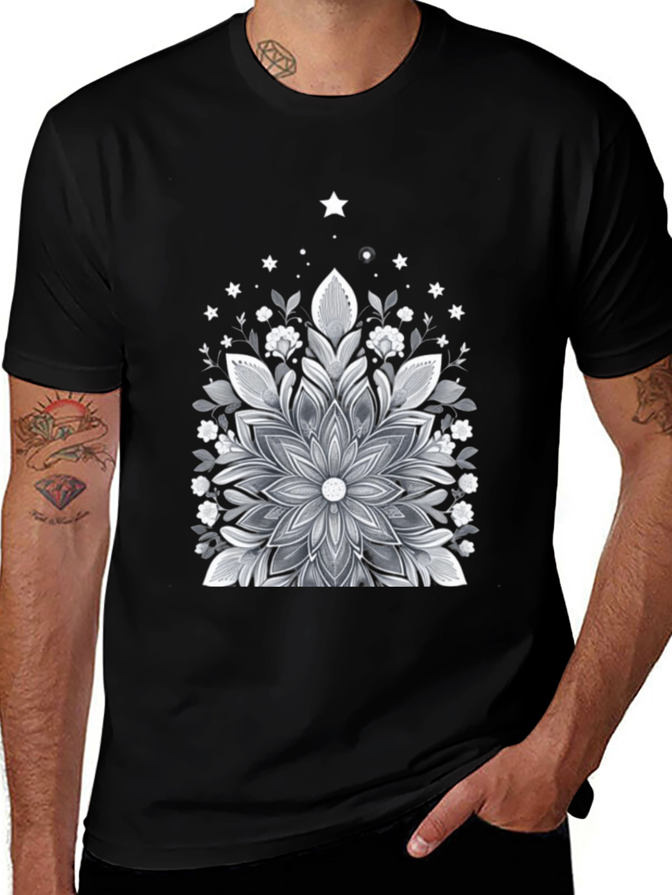 Floral Mandala Graphic Tee - Black Cotton Blend