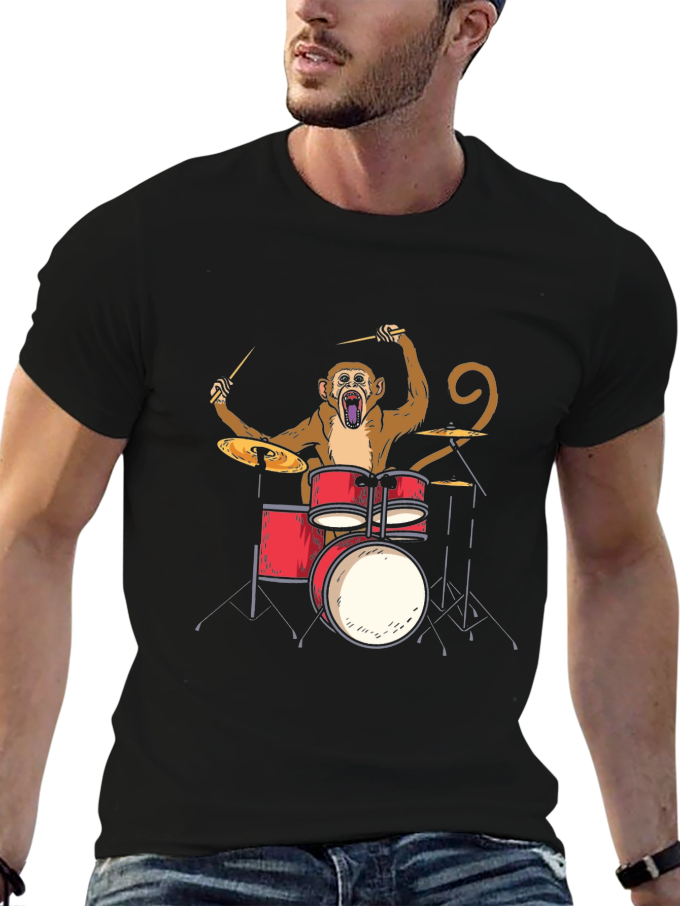 Monkey Drummer Graphic Tee - Black Cotton T-Shirt