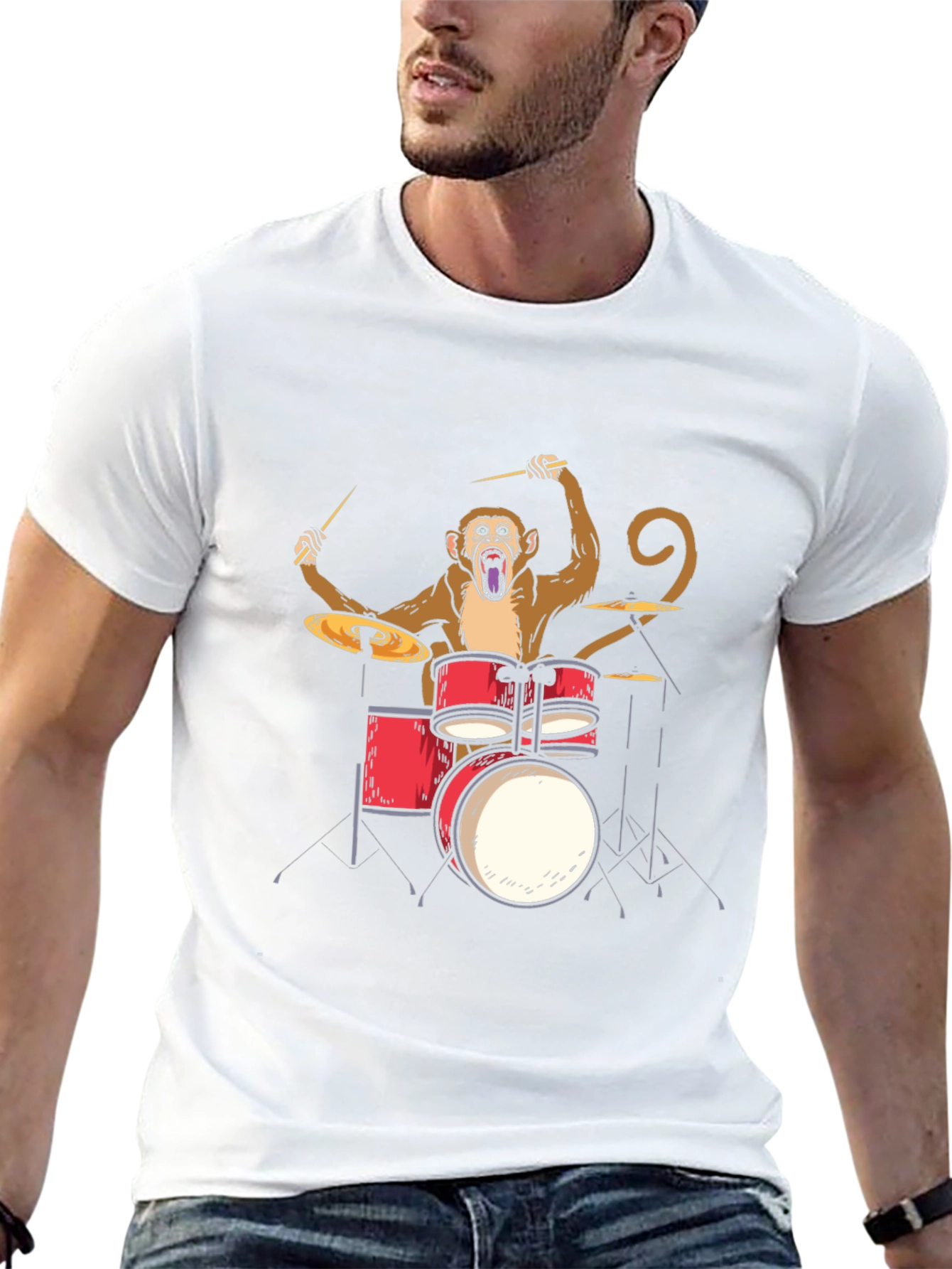 Monkey Drummer Graphic Tee - Black Cotton T-Shirt