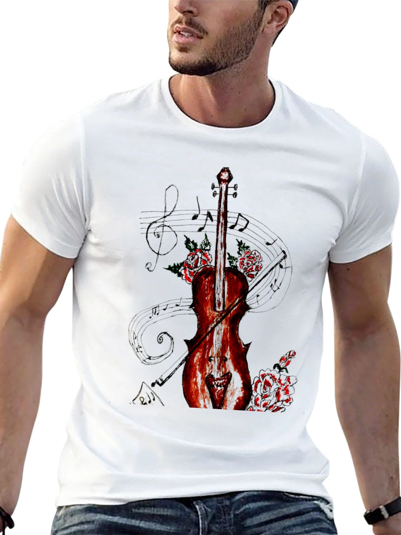 Violin & Roses Graphic Print Black T-Shirt
