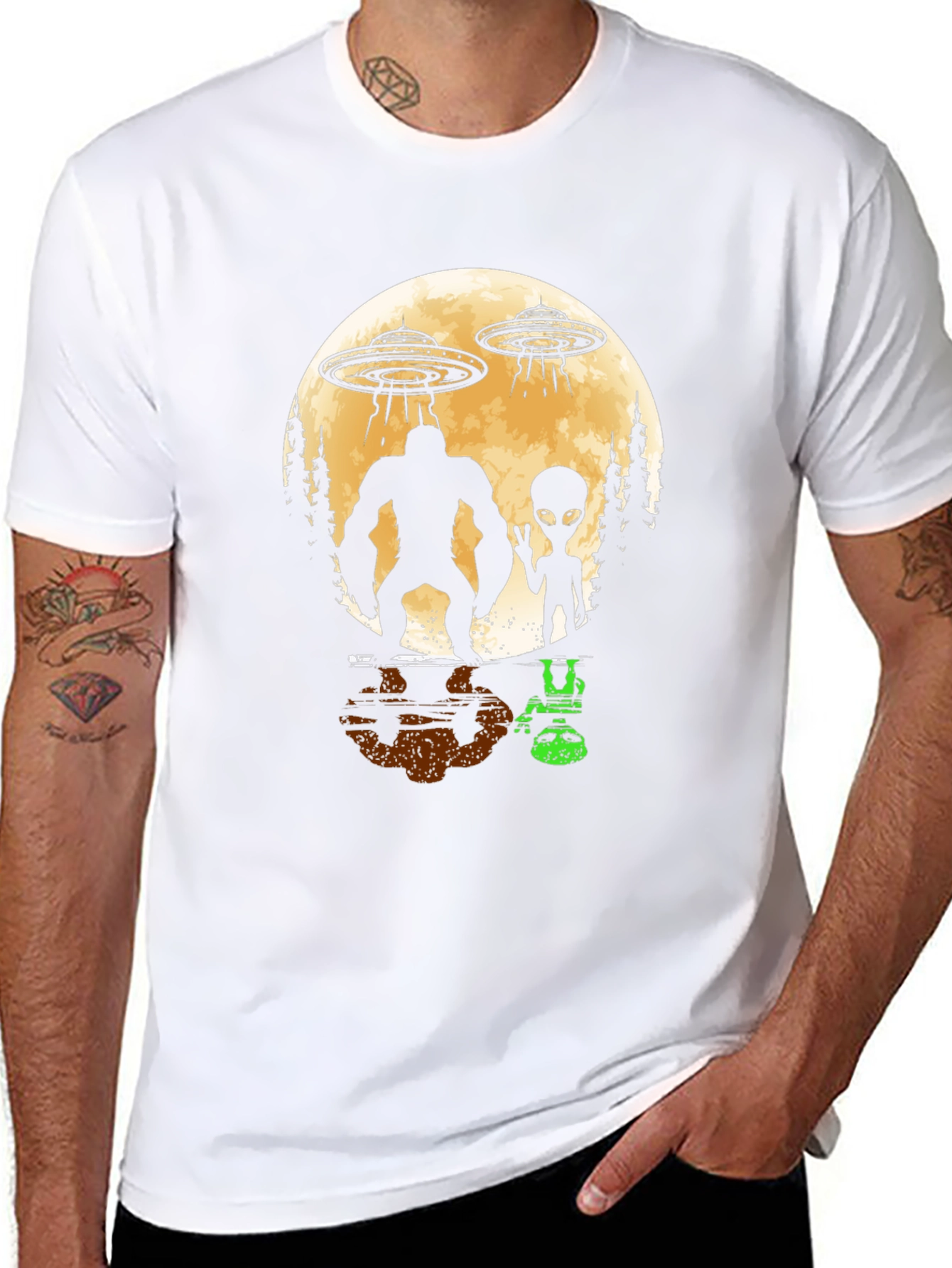 Bigfoot & Alien UFO Graphic Tee - Black