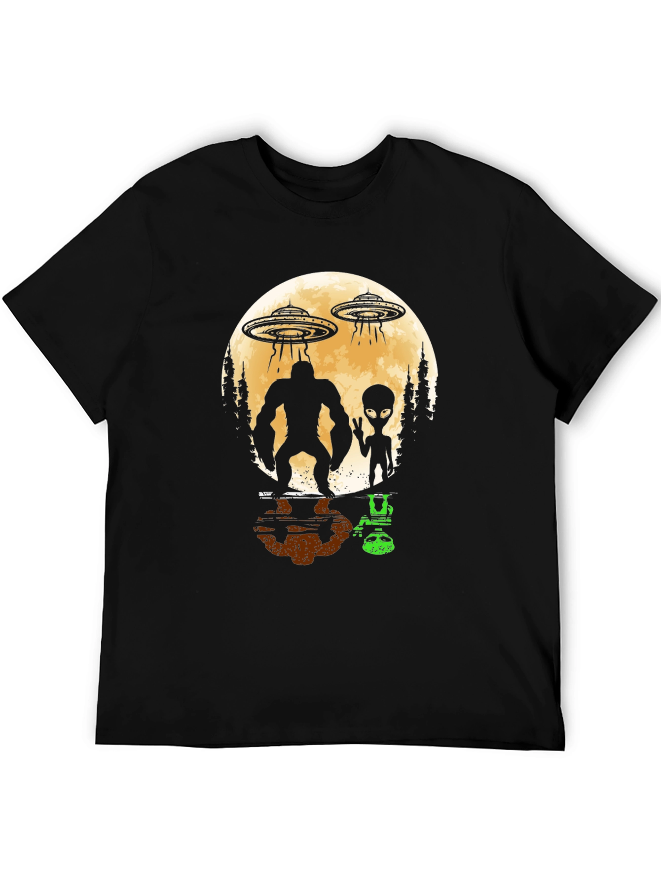 Bigfoot & Alien UFO Graphic Tee - Black