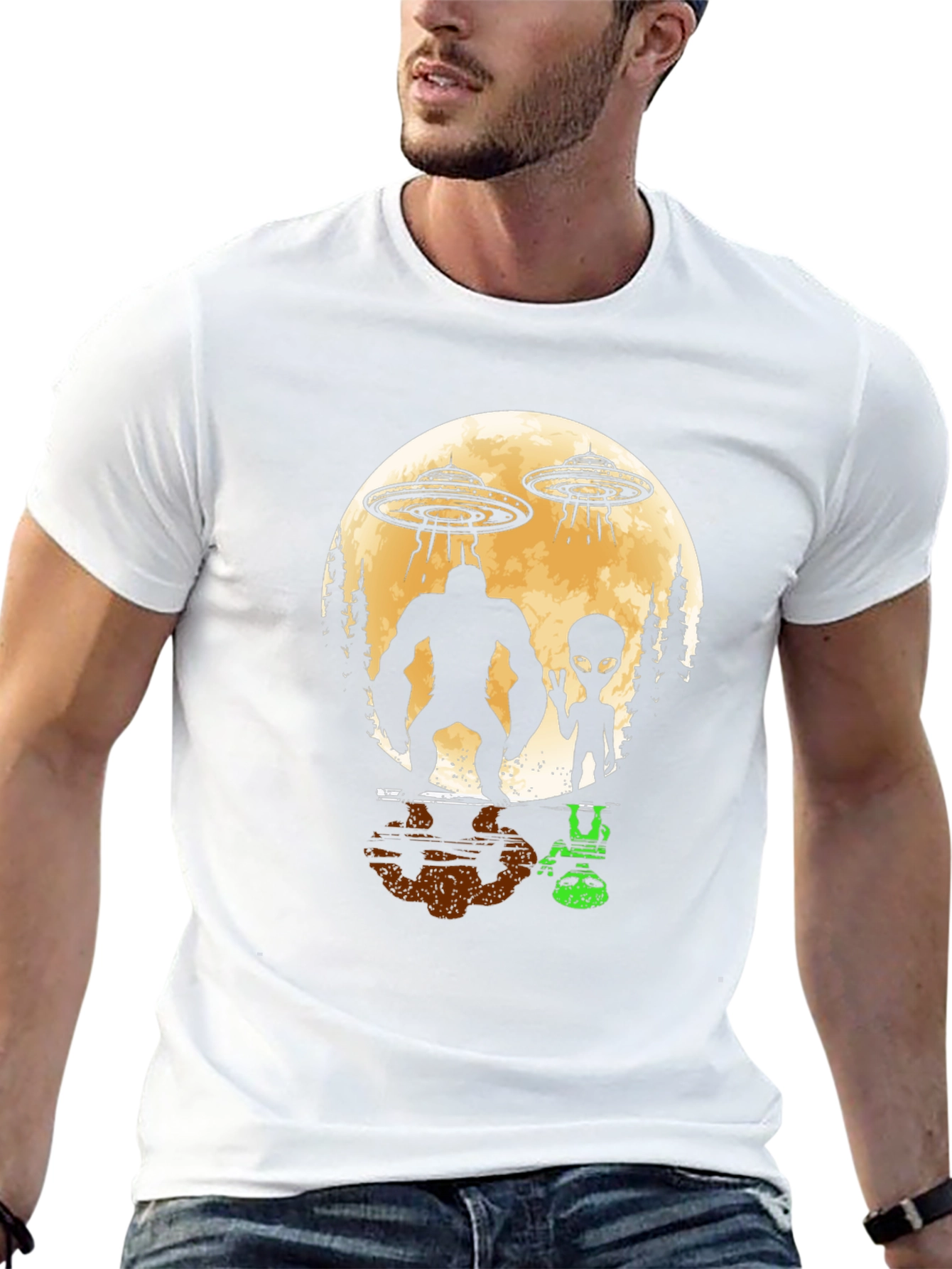 Bigfoot & Alien UFO Graphic Tee - Black