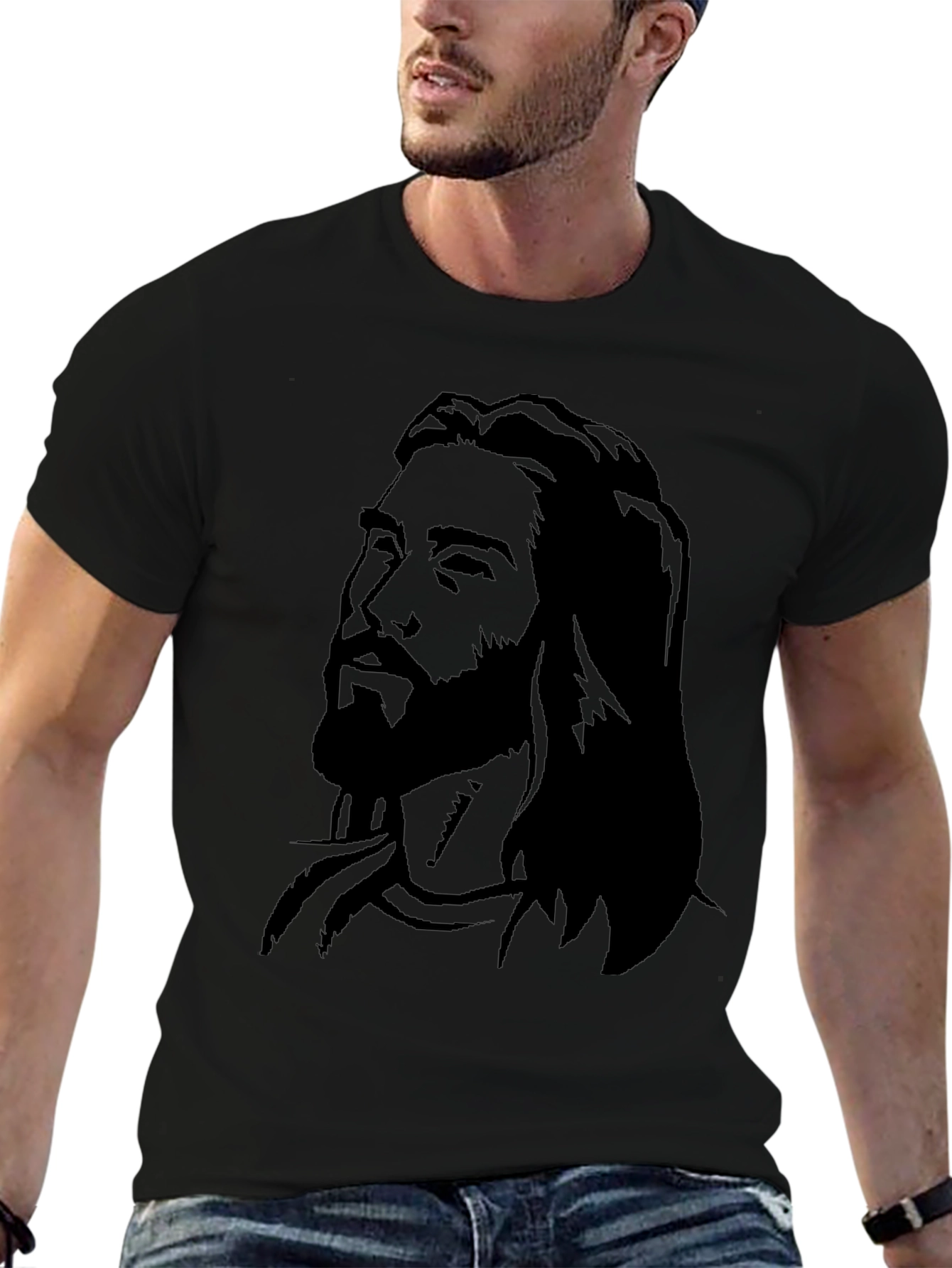 Mens Graphic Black T-Shirt with Jesus Portrait