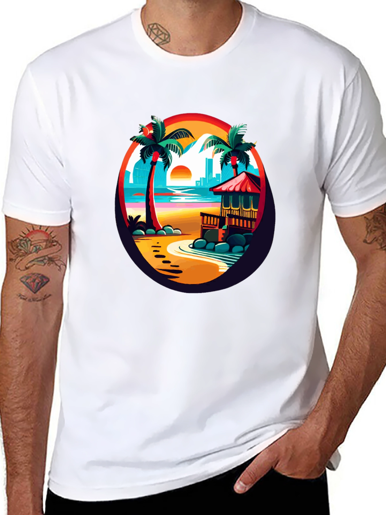 Tropical Beach T-Shirt Sunset Palm Tree Design