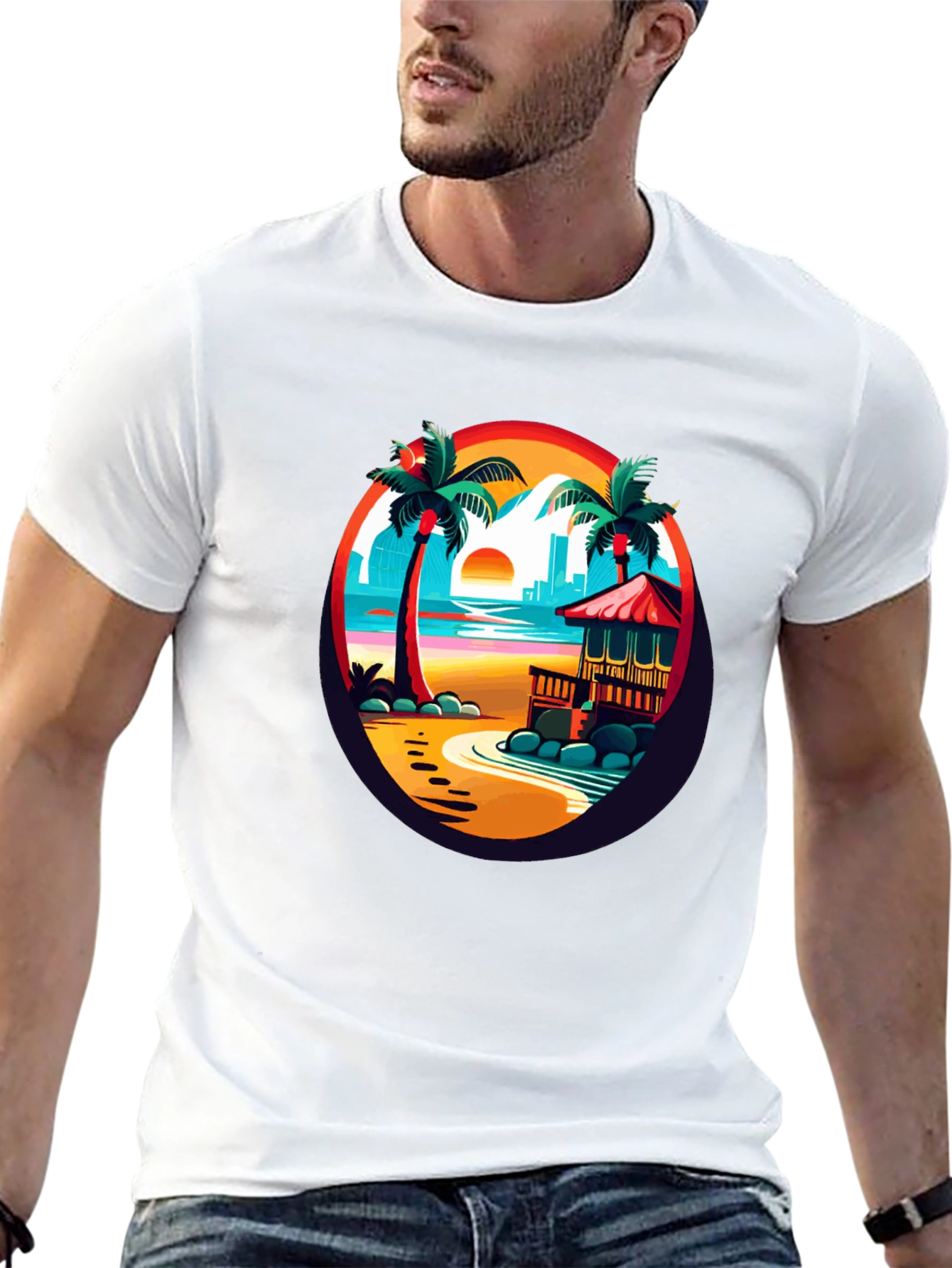 Tropical Beach T-Shirt Sunset Palm Tree Design