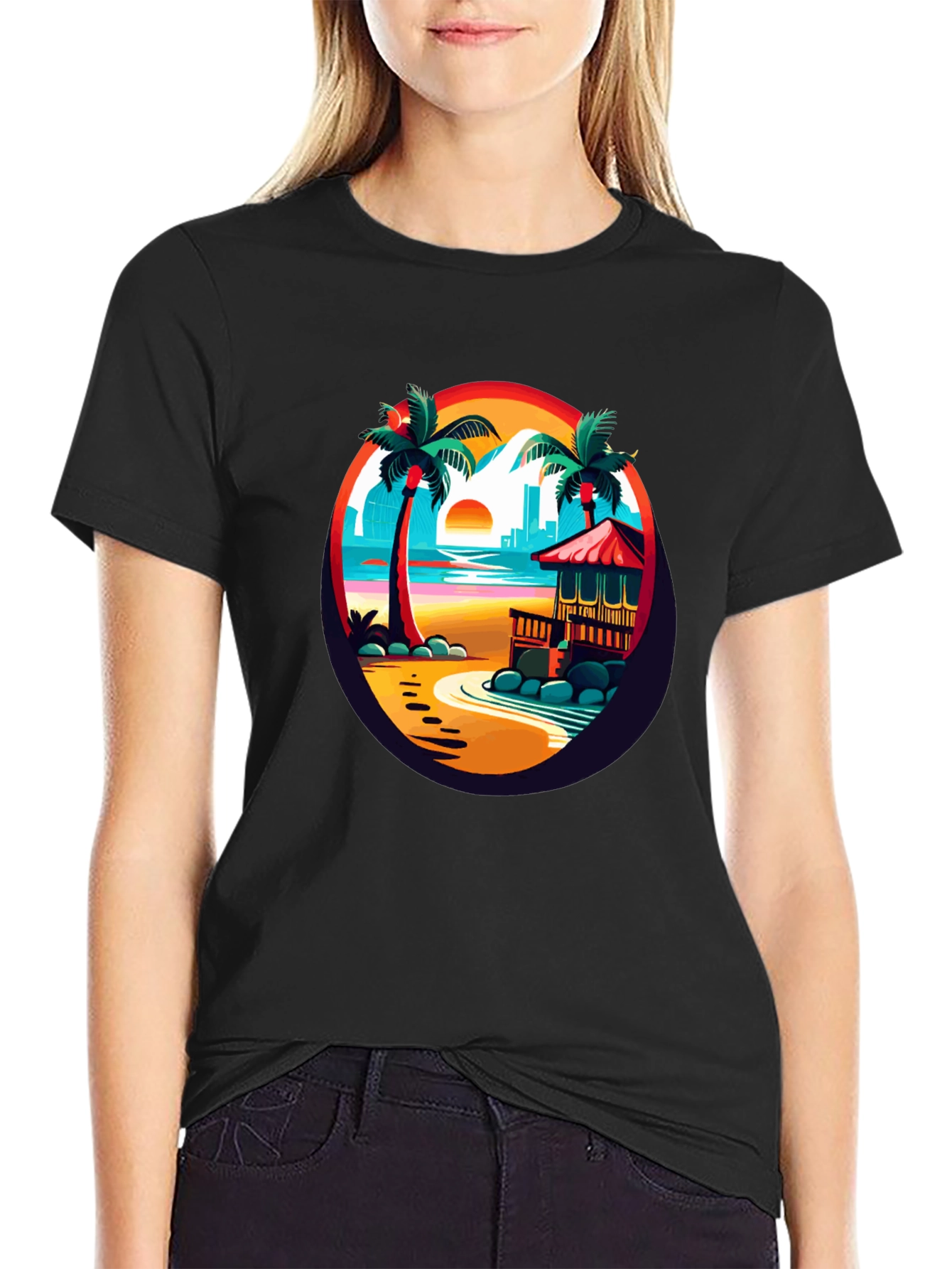 Tropical Beach T-Shirt Sunset Palm Tree Design