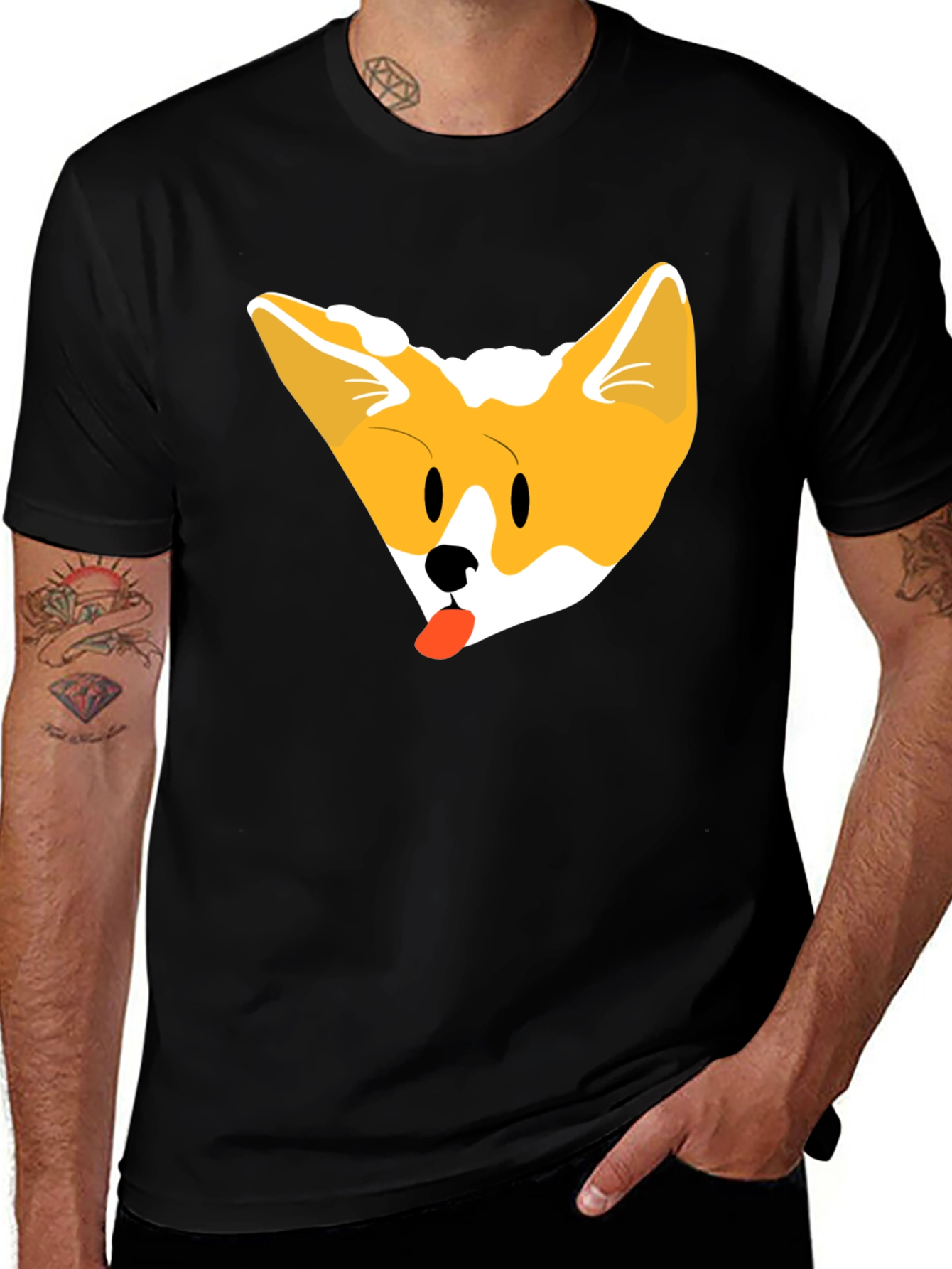 Cute Corgi Face Black T-Shirt