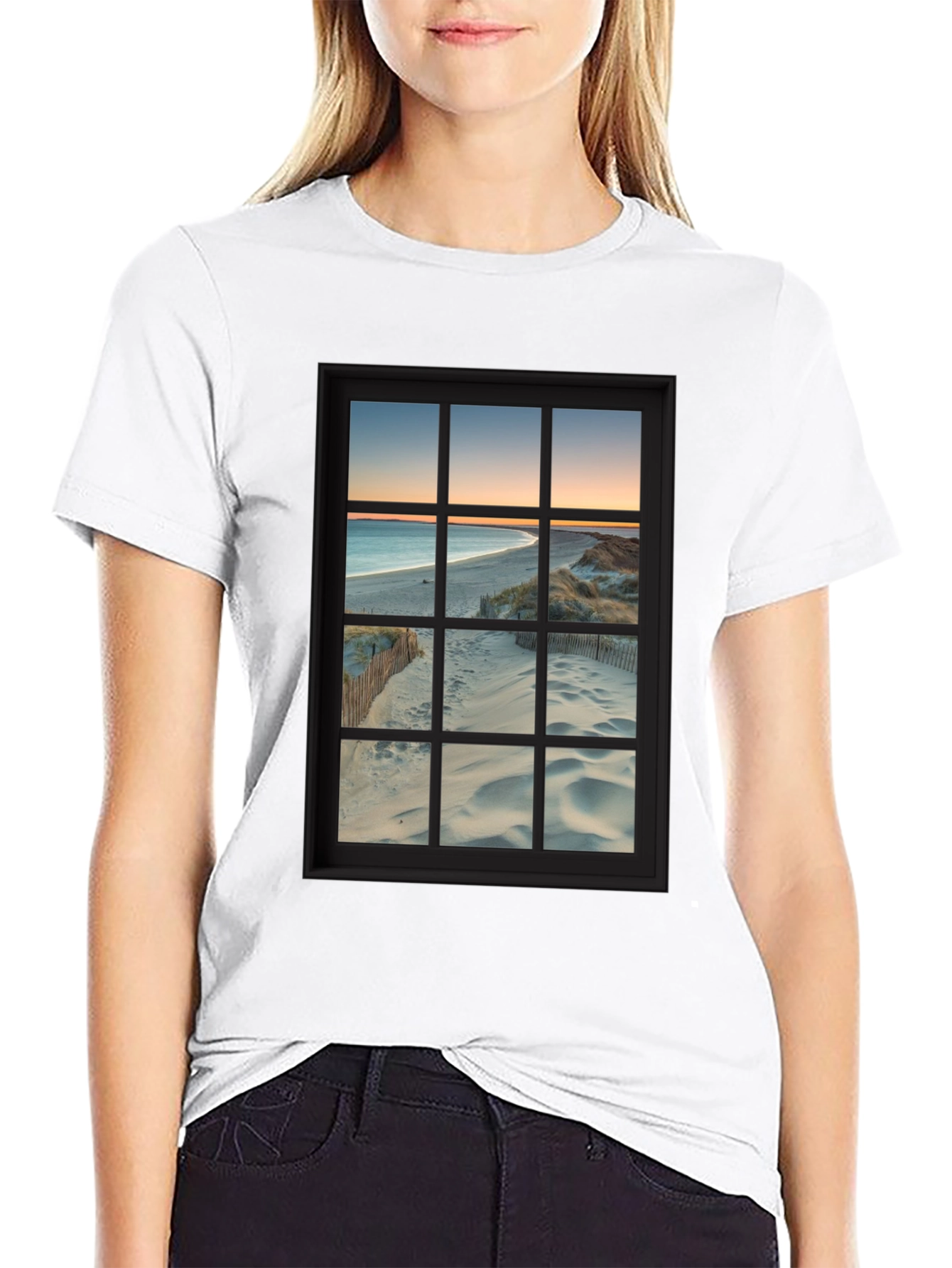 Beach View Window Graphic T-Shirt - Coastal Comfort